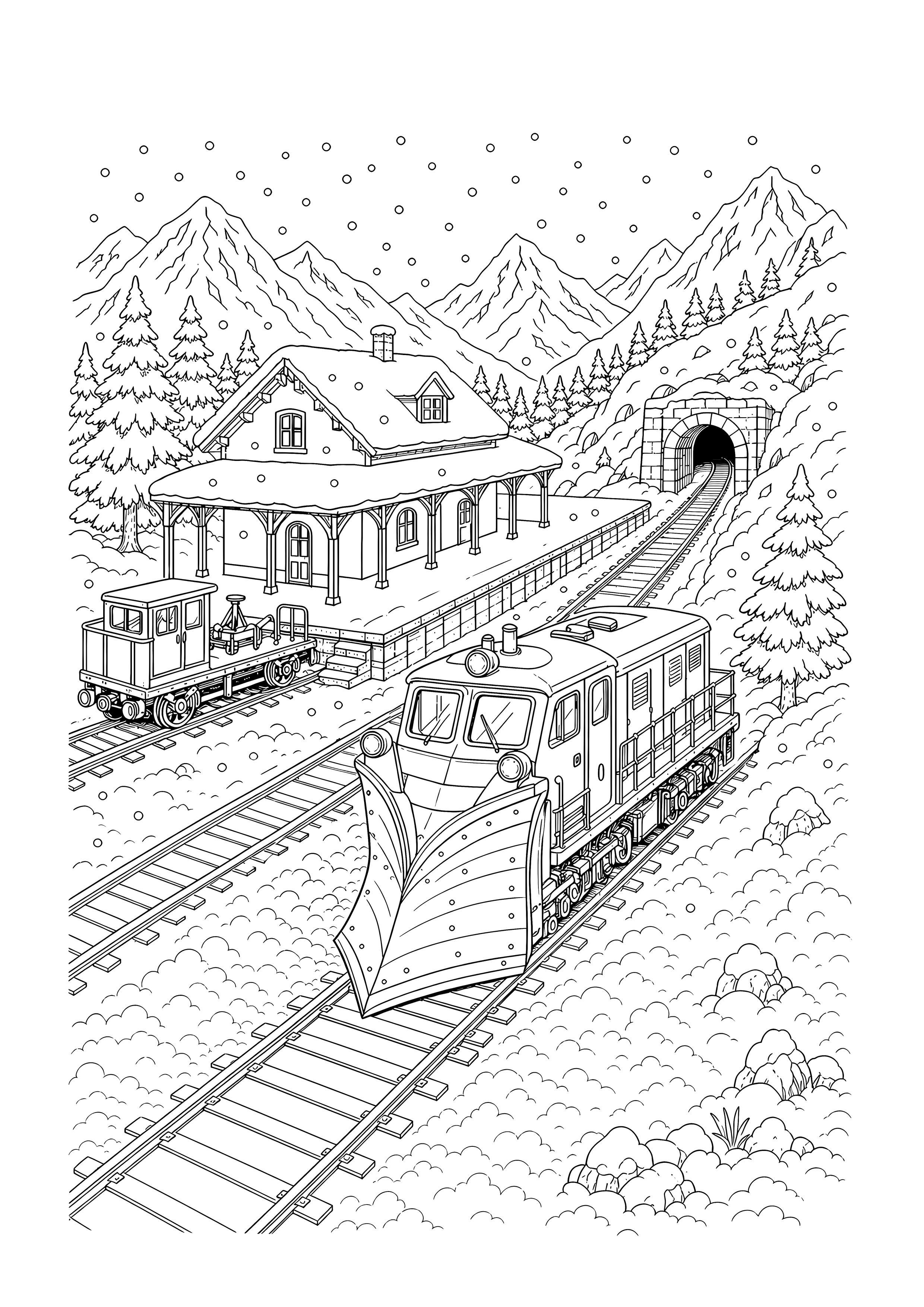 Winterdienst am Bergbahnhof — Ein Schneepflug räumt die Strecke vor Bahnhof, Wartungswagen, Tunnel und Winterbergen.