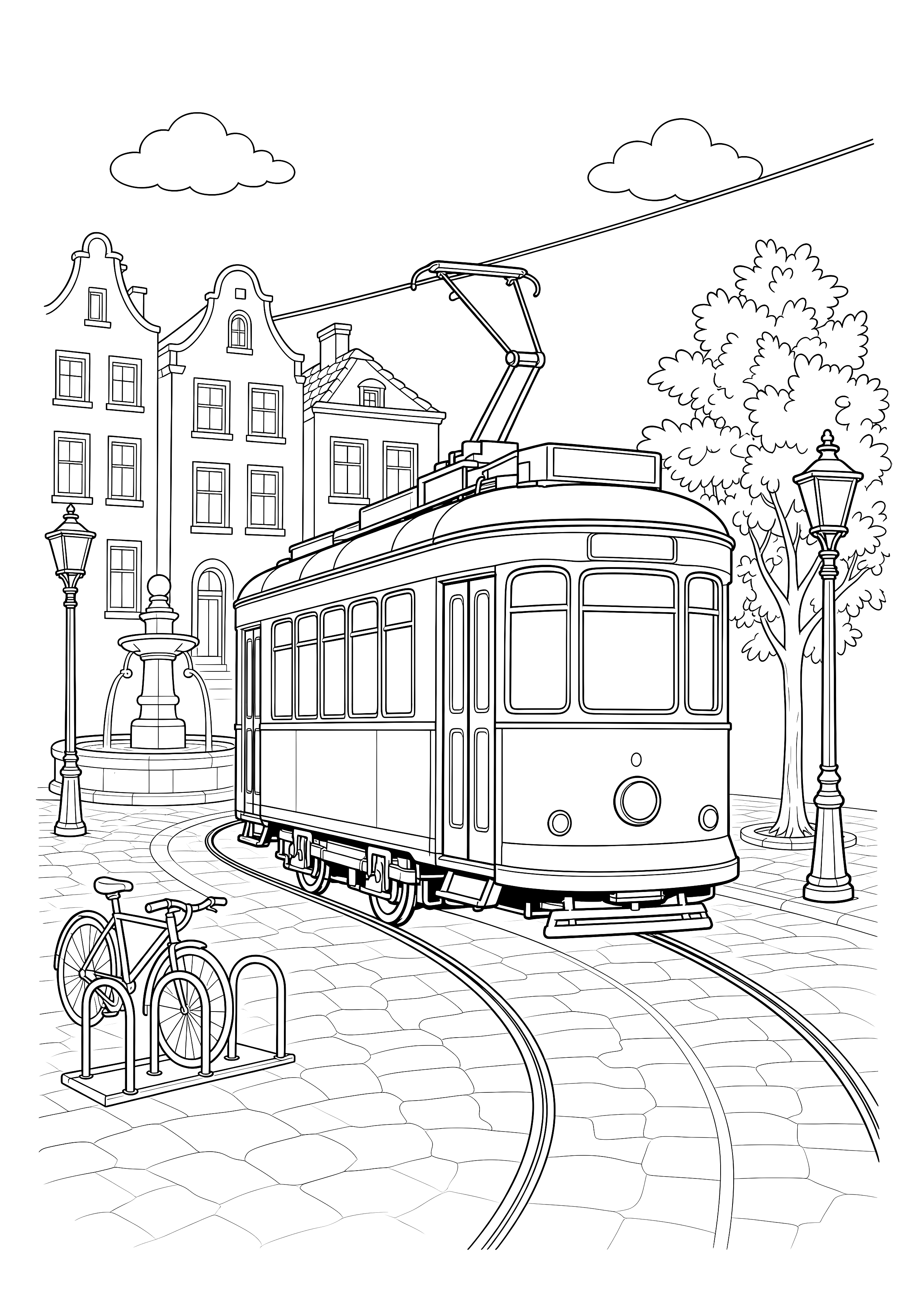 Straßenbahn auf dem Stadtplatz — Eine historische Straßenbahn folgt dem gebogenen Gleis durch einen Platz mit Brunnen, Laternen und Fahrrädern.