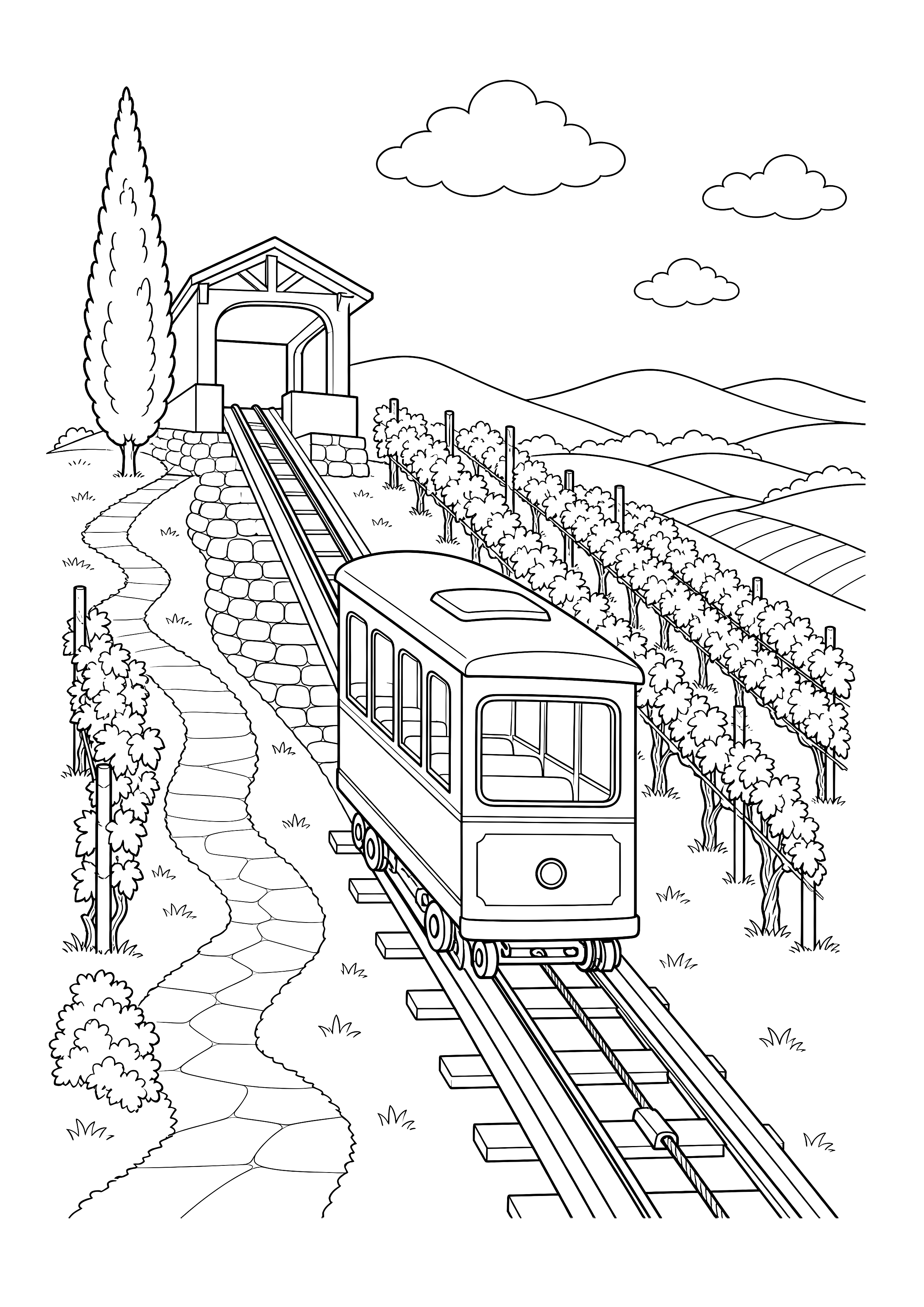 Standseilbahn im Weinberg — Eine Standseilbahn fährt zwischen Reben, Steinmauer und Fußweg hinauf zur Bergstation.