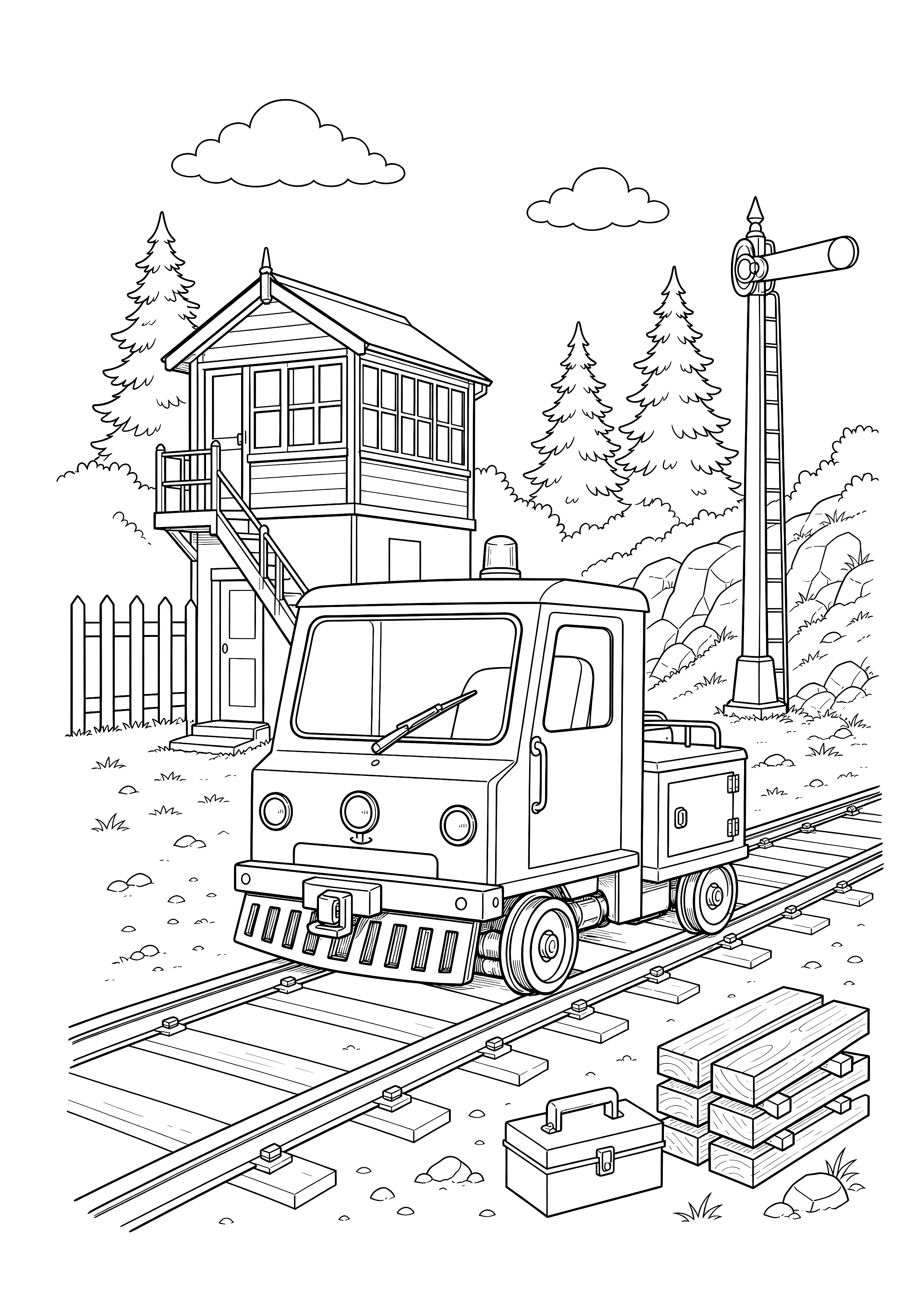 Gleiswagen am Stellwerk — Ein kompaktes Gleisfahrzeug wartet mit Werkzeugkiste und Schwellen neben Stellwerk und Formsignal.