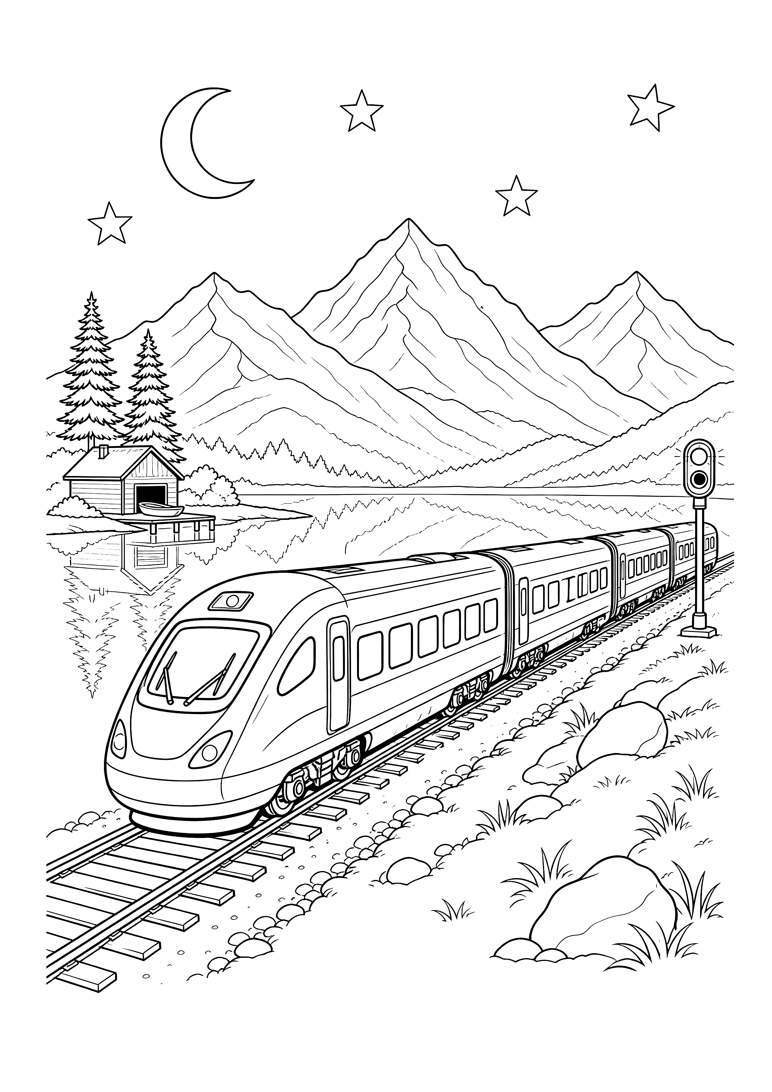 Nachtzug durch die Berge — Ein moderner Schnellzug fährt bei Mond und Sternen an einem Bergsee und kleinen Bahnhof vorbei.