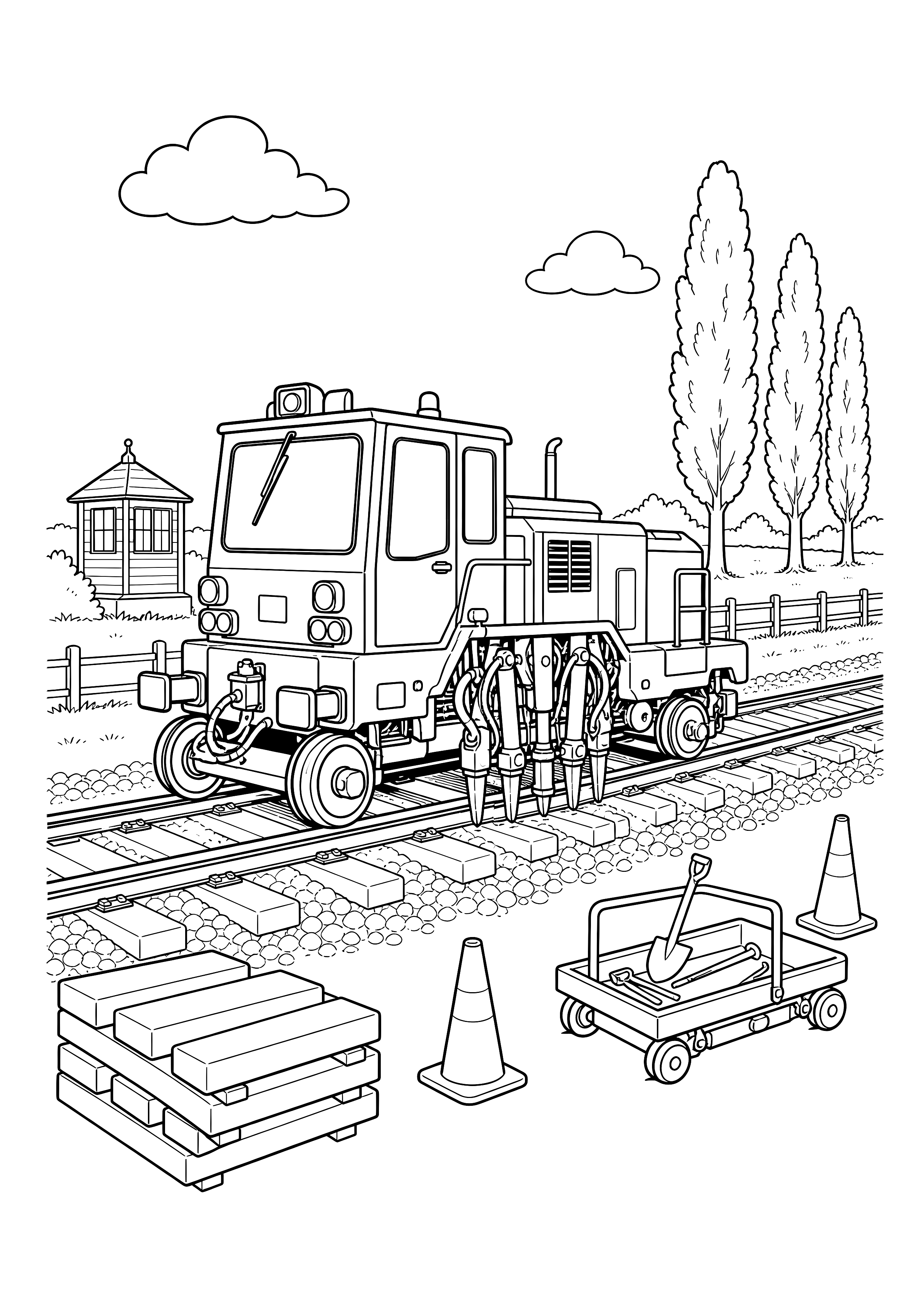 Gleisbauzug bei der Wartung — Eine Gleisbaumaschine arbeitet neben Ersatzschwellen, Werkzeugwagen und Sicherheitspylonen.