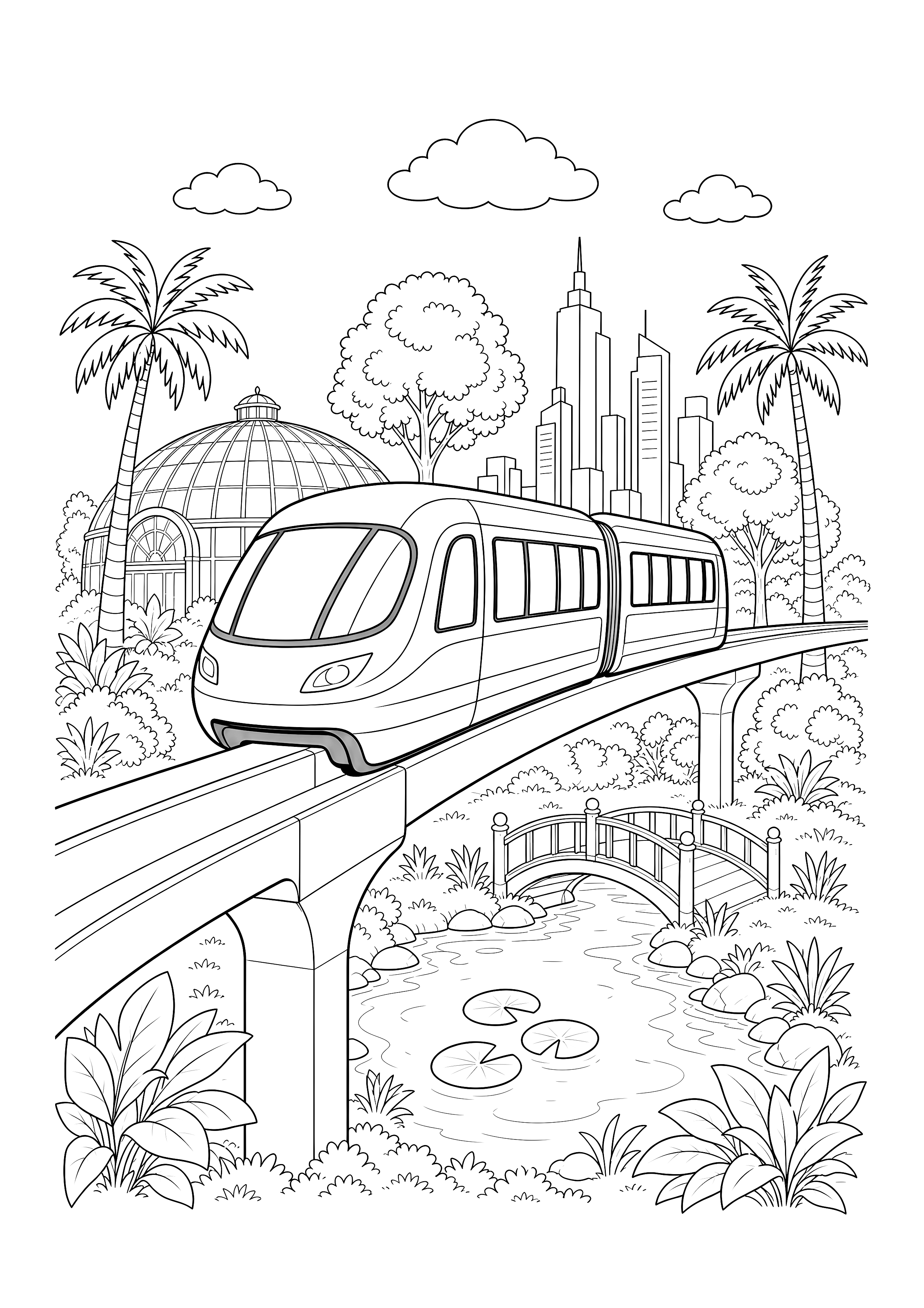 Hochbahn im Stadtgarten — Ein moderner Hochbahnzug fährt über Teich, Brücke und Pflanzen an einem Glashaus vorbei.