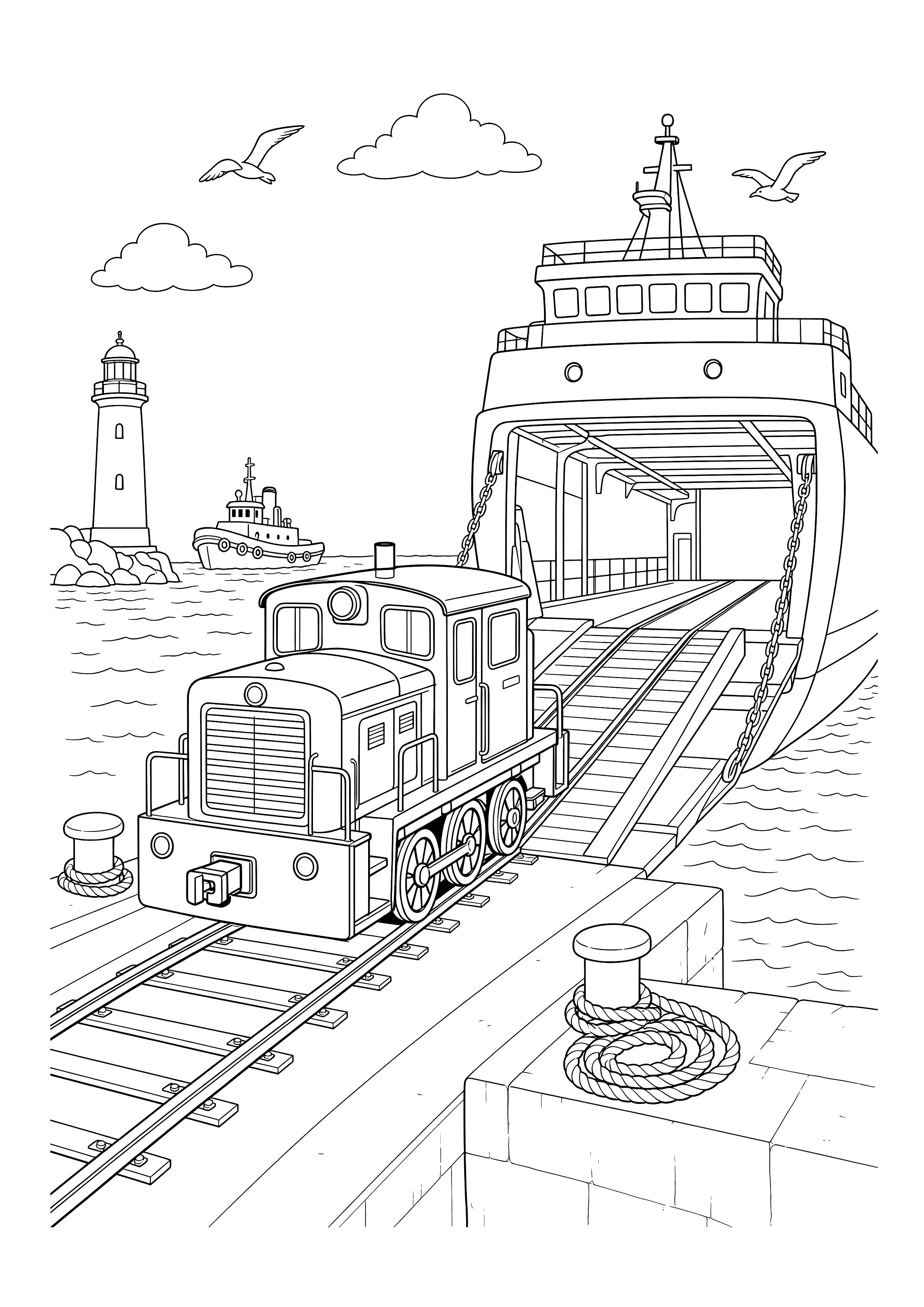 Rangierlok an der Eisenbahnfähre — Eine kleine Rangierlok fährt über die Hafenrampe aus einer geöffneten Eisenbahnfähre.
