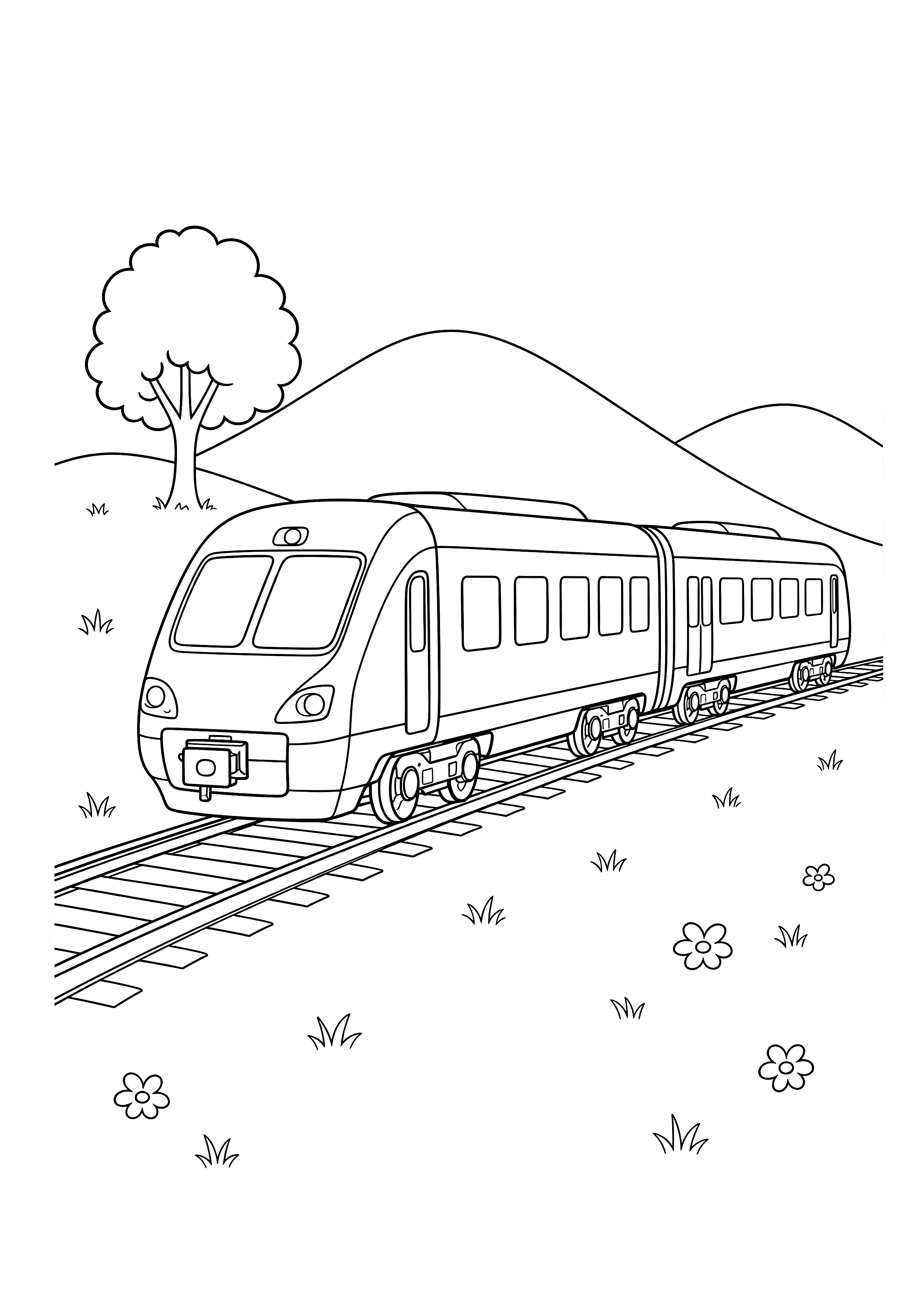 Regionalzug durch die Wiesen — Ein moderner zweiteiliger Regionalzug fährt an Wiesen, Hügeln und einem Baum vorbei.