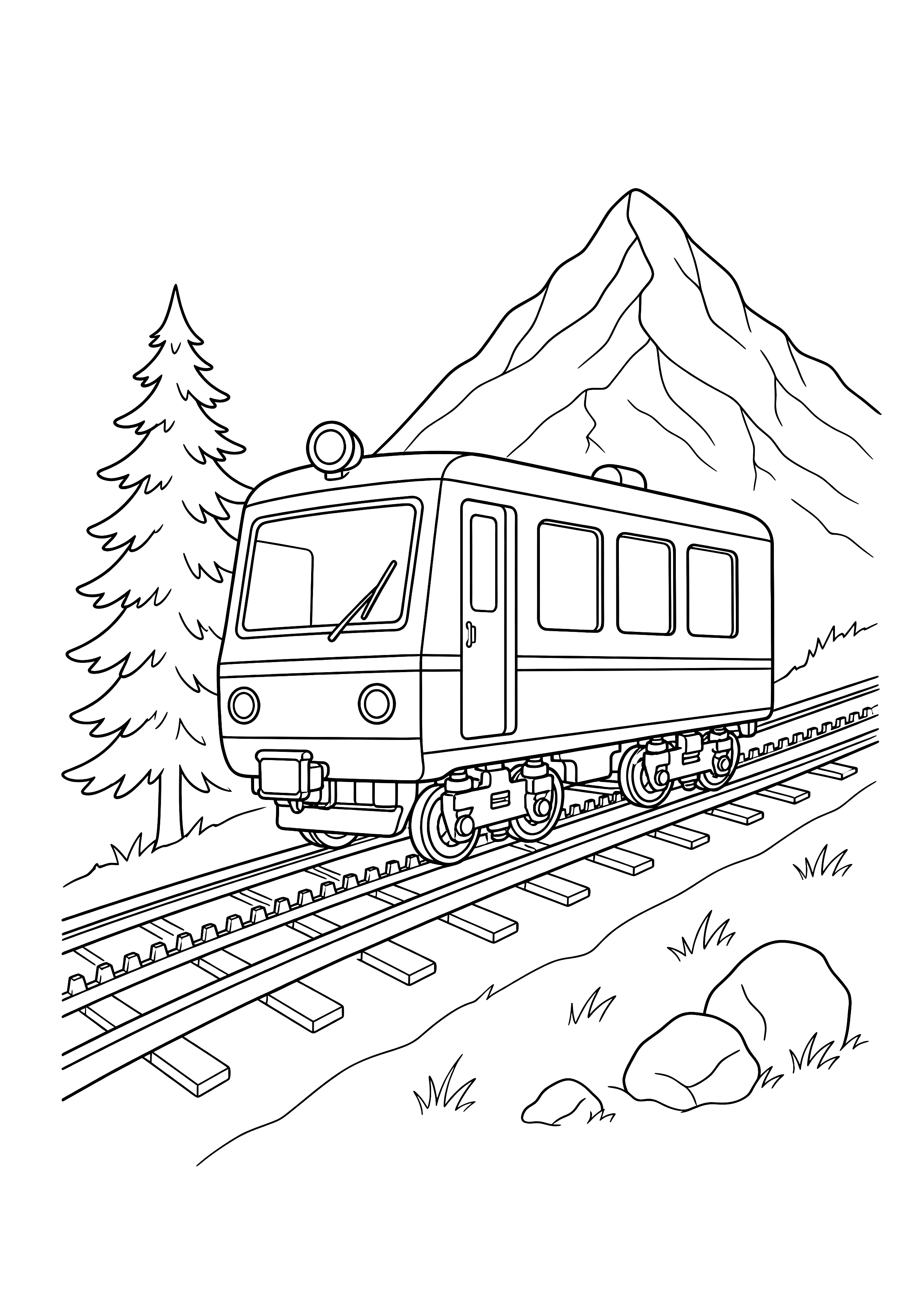Bergbahn steigt zum Gipfel — Eine kompakte Zahnradbahn steigt zwischen Tanne und Berggipfel bergauf.