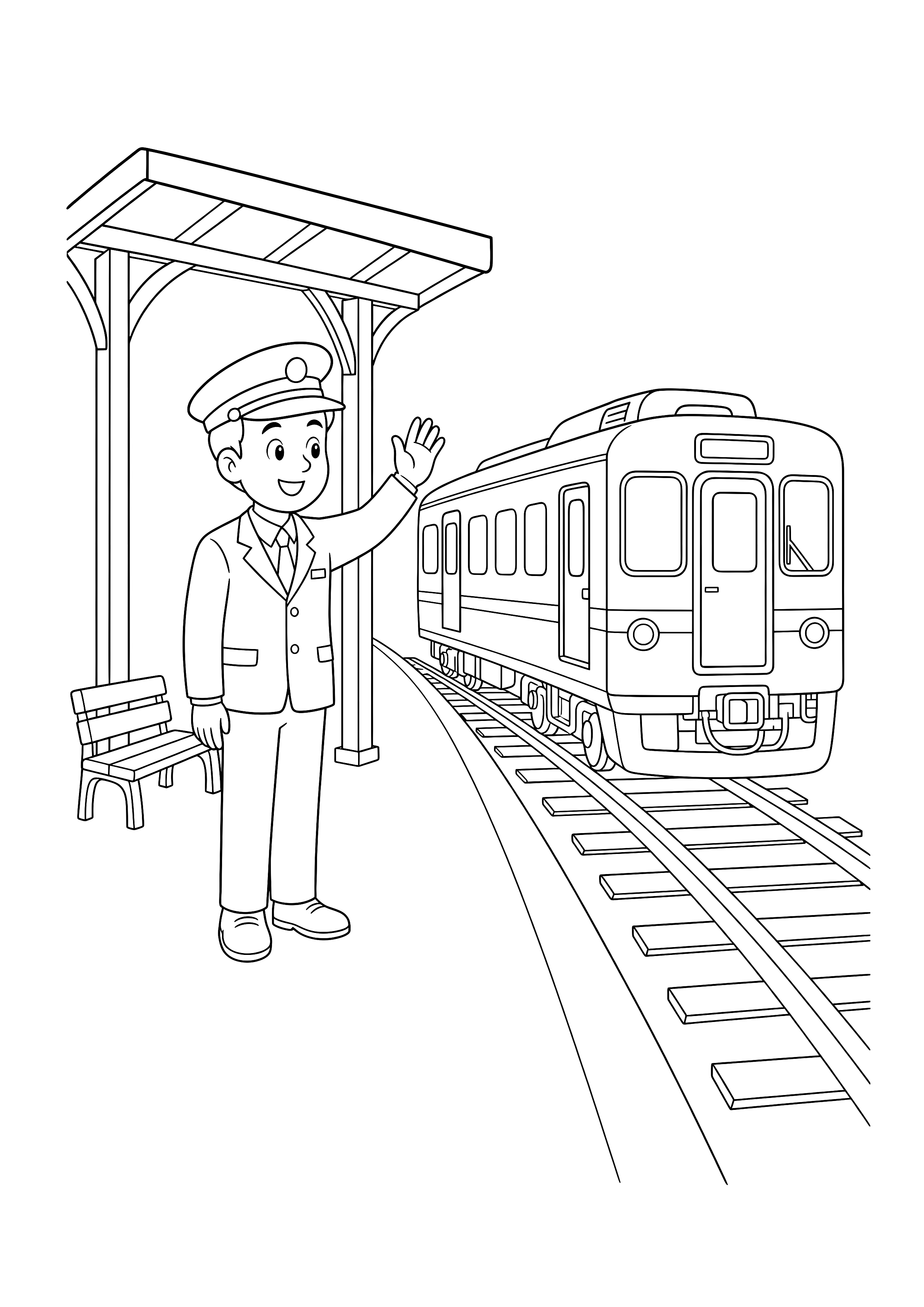 Abschied am kleinen Bahnhof — Ein Schaffner winkt einem kurzen Regionalzug am leeren Bahnsteig zu.