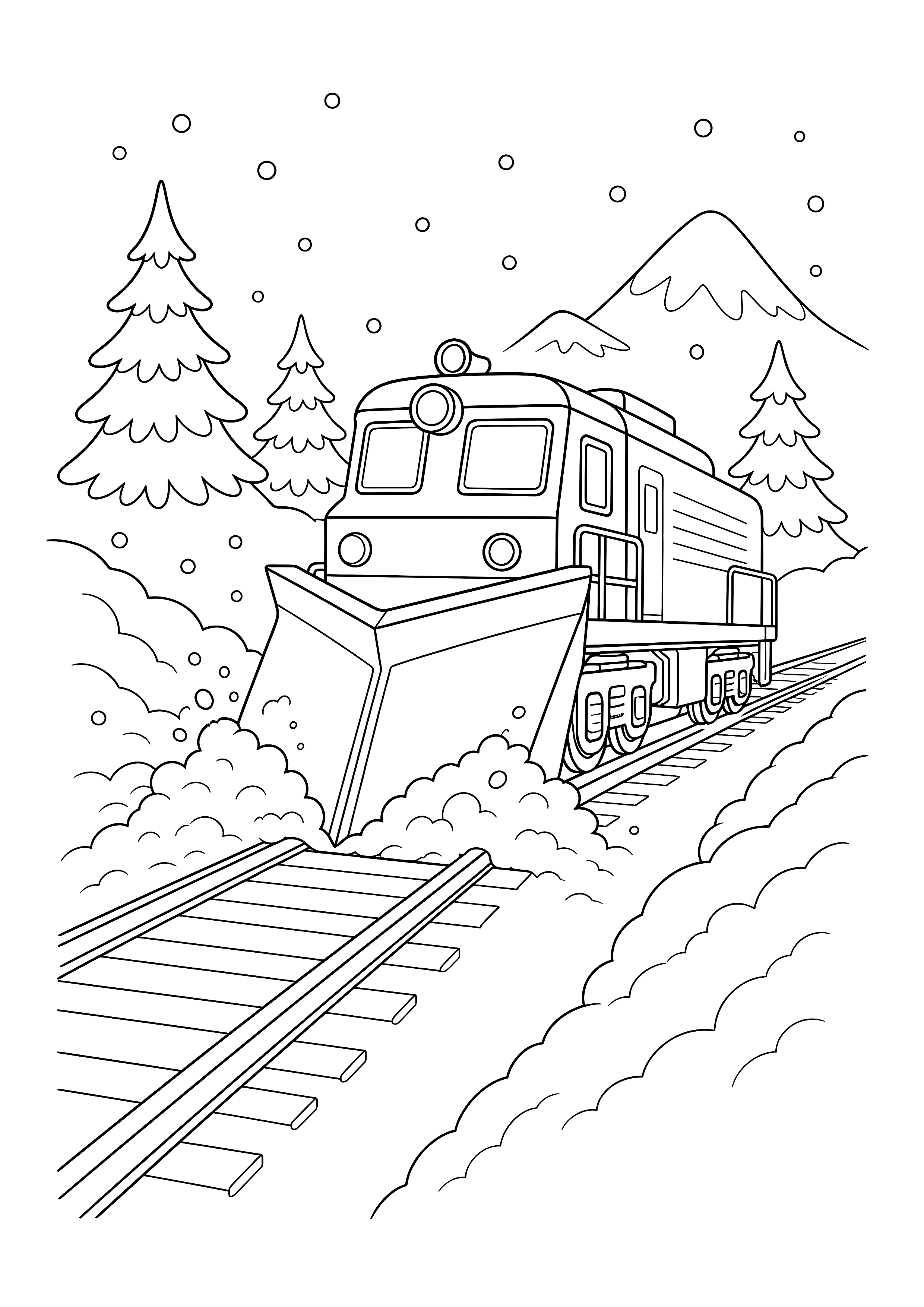 Schneepflug räumt die Winterstrecke — Ein kräftiger Schneepflugzug schiebt Schnee von einem geraden Berggleis.