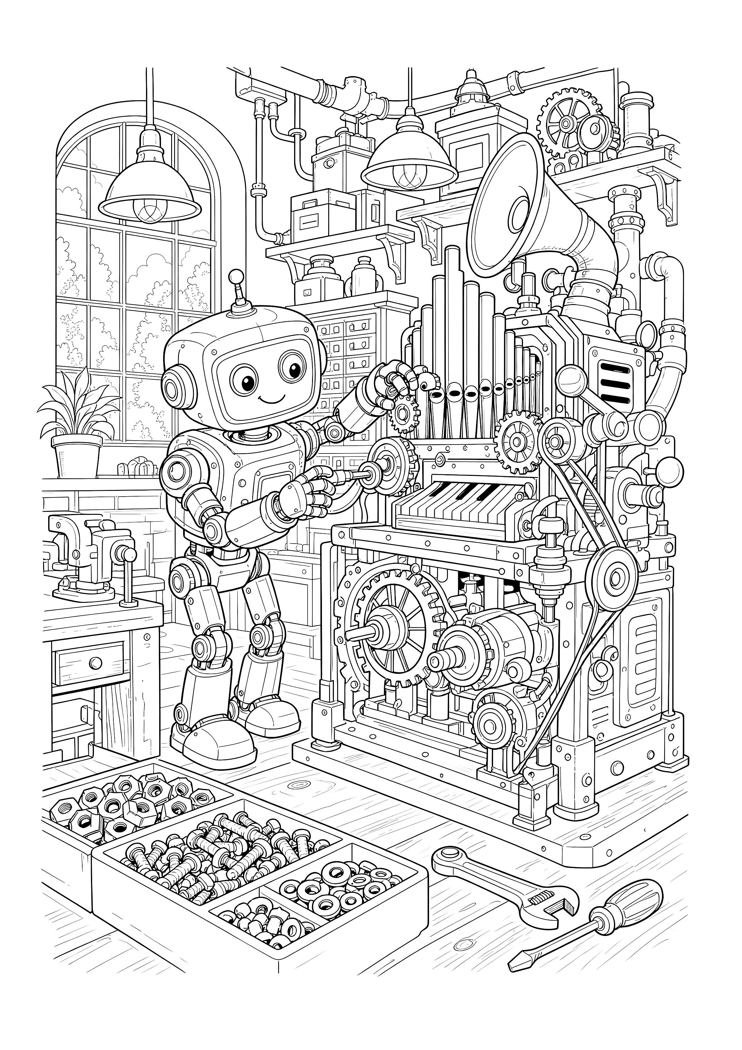 Roboter an der Zahnradmaschine — Ein Erfinderroboter kalibriert eine große Musikmaschine zwischen Werkzeugen, Zahnrädern und Werkstattregalen.
