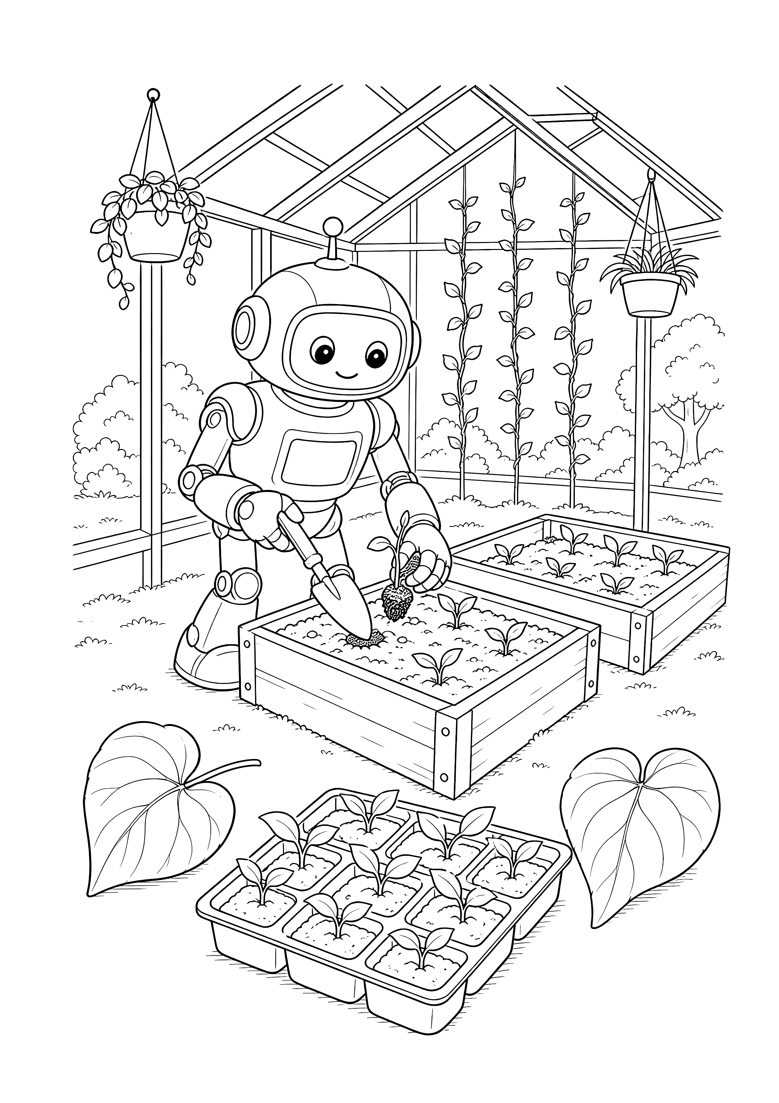 Gartenroboter im Gewächshaus — Ein Gartenroboter pflanzt Setzlinge zwischen Hochbeeten, Rankpflanzen und Hängekörben.