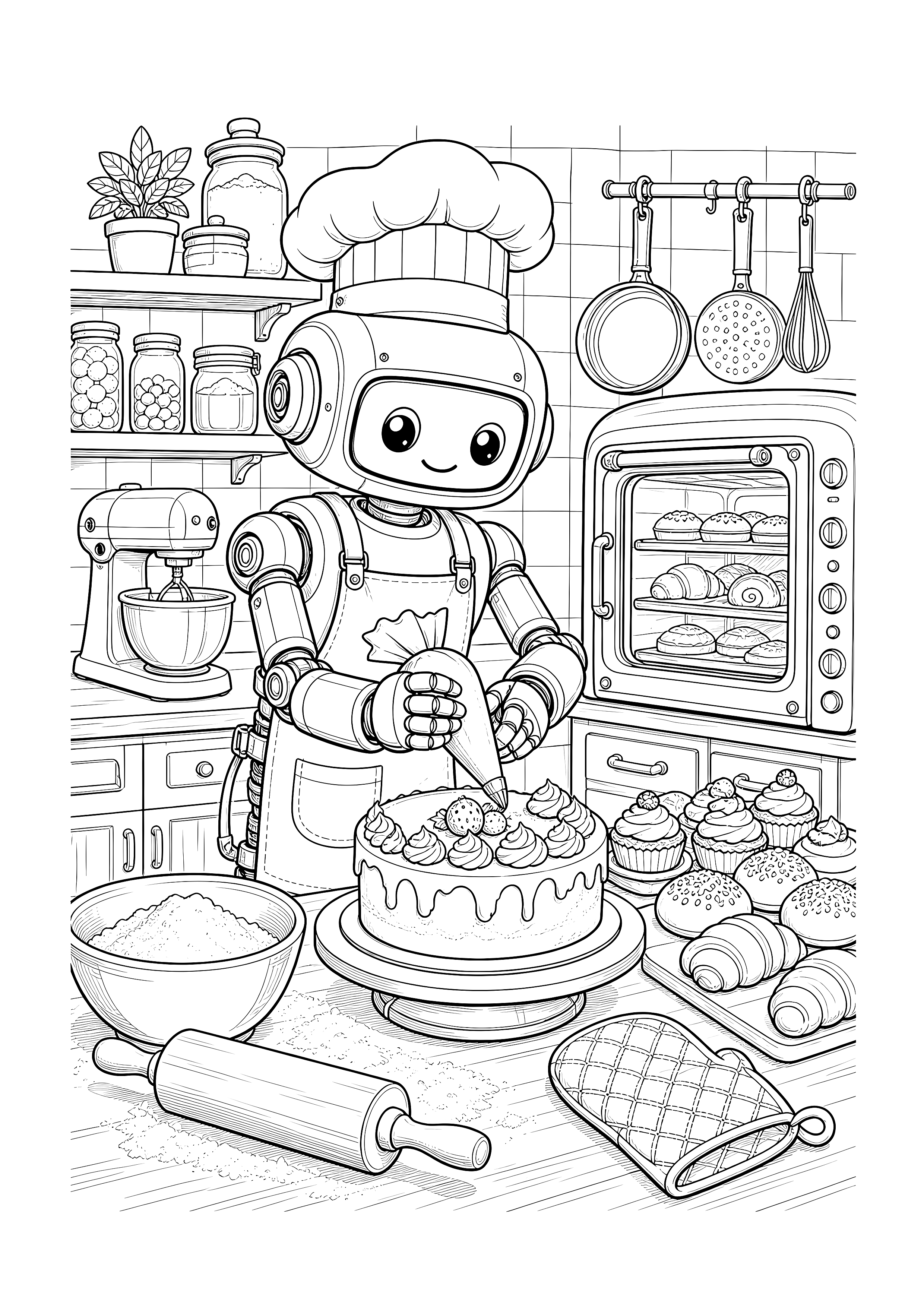 Roboterbäcker in der Backstube — Ein Roboterbäcker verziert einen Kuchen in einer Backstube voller Gebäck und Küchenwerkzeuge.