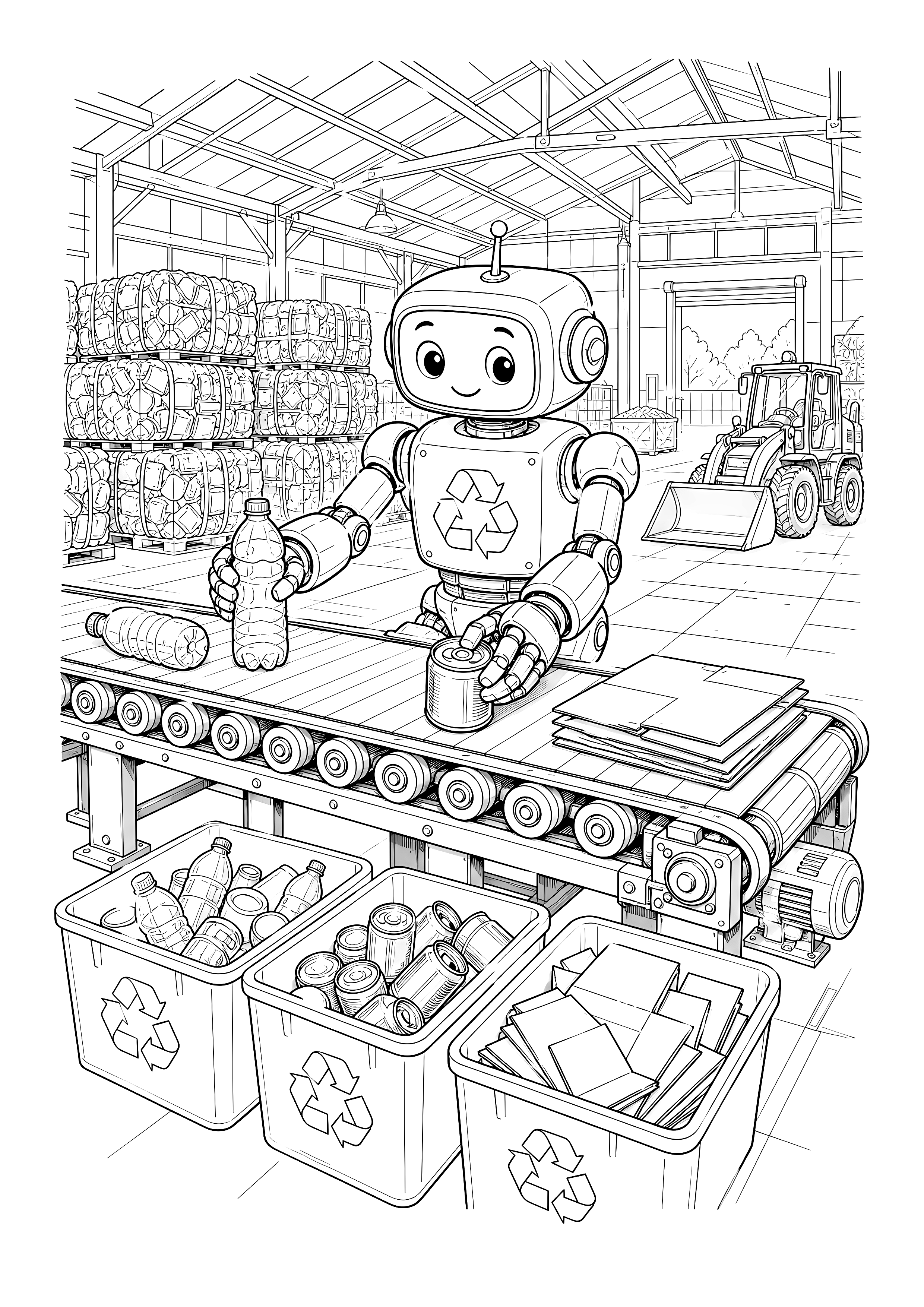 Sortierroboter im Recyclingzentrum — Ein Sortierroboter bedient ein Förderband zwischen Wertstoffbehältern und Materialballen.
