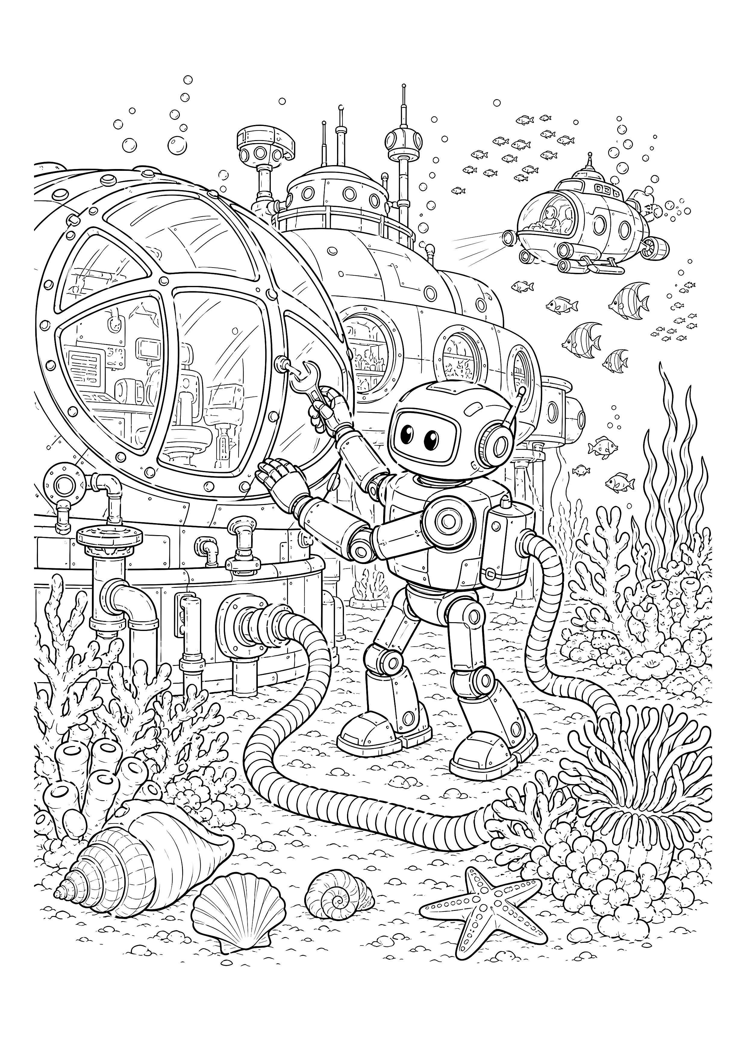 Reparaturroboter an der Tiefseestation — Ein Unterwasserroboter wartet die Kuppel einer Tiefseestation zwischen Korallen, Rohren und Fischen.