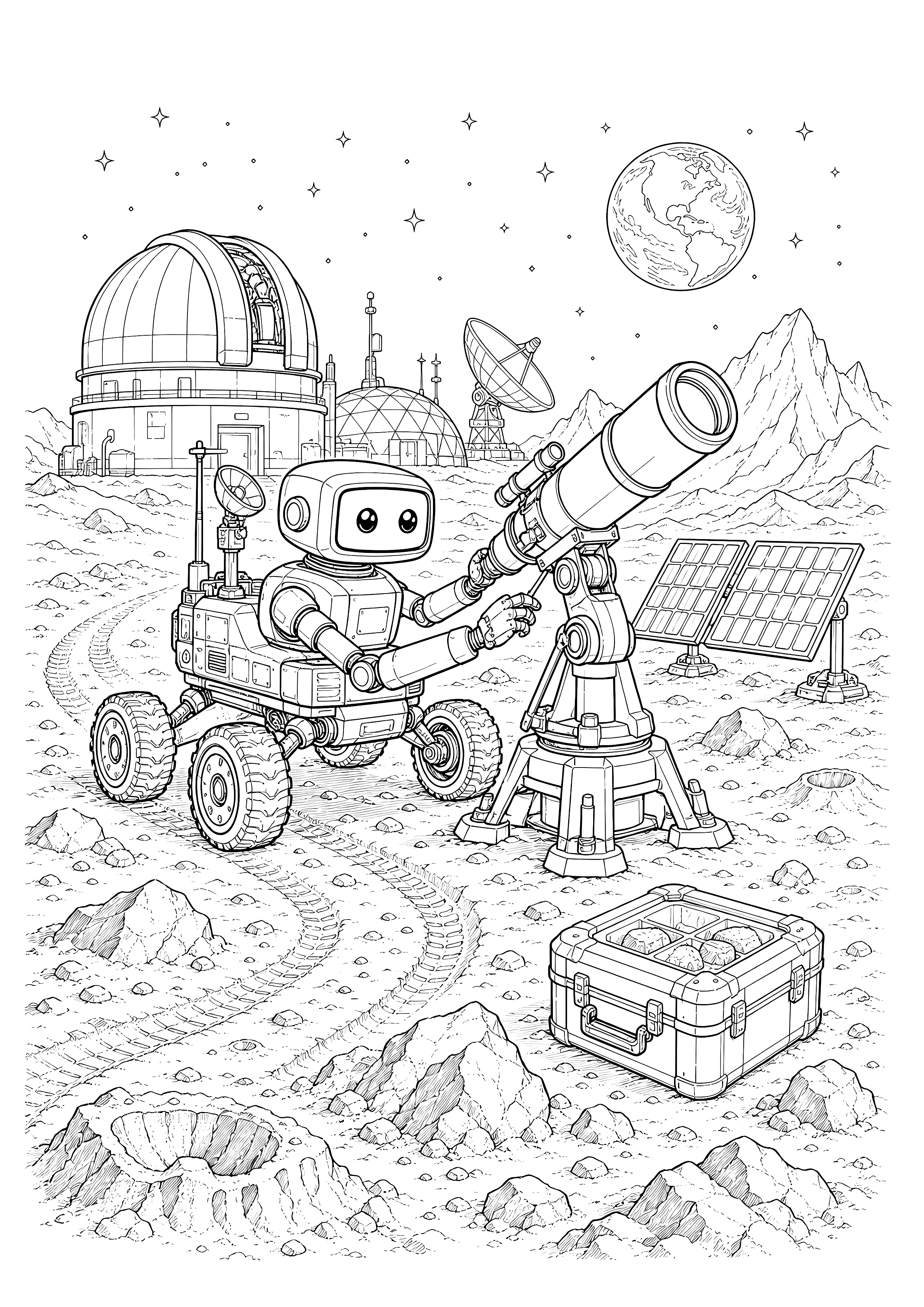 Astronomierover am Mondobservatorium — Ein Astronomierover richtet ein Teleskop zwischen Kratern, Solarpaneelen und Observatoriumskuppeln aus.
