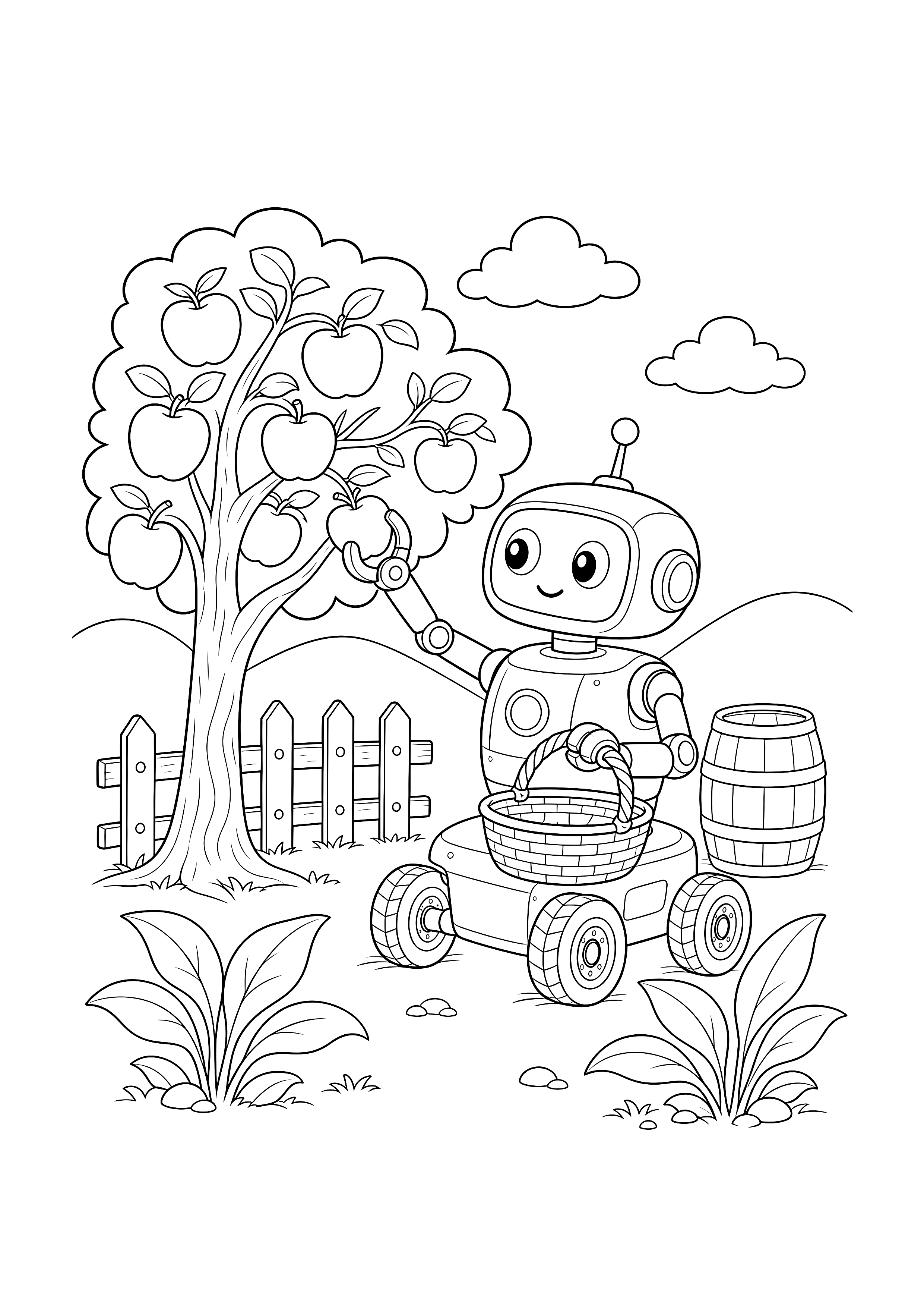 Ernteroboter im Apfelgarten — Ein rollender Ernteroboter pflückt Äpfel und sammelt sie zwischen Baum, Korb und Gartenzaun.