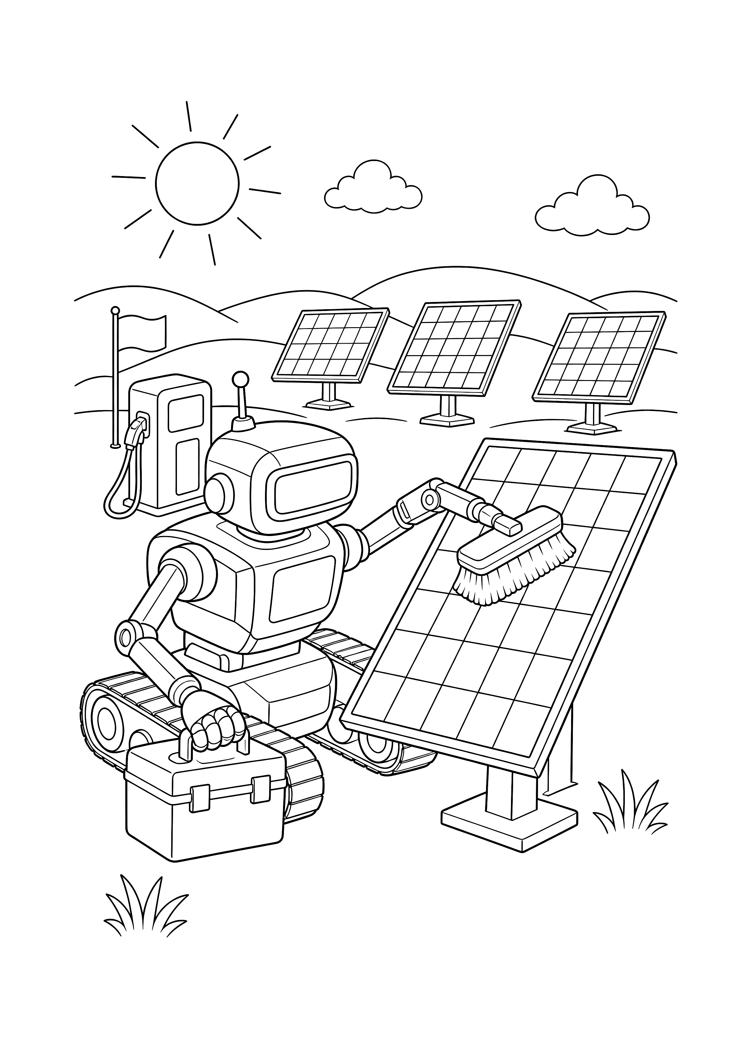 Roboter reinigt Solarmodule — Ein Wartungsroboter bürstet ein Solarmodul auf einem offenen Feld mit Werkzeugkoffer und Stromkasten.