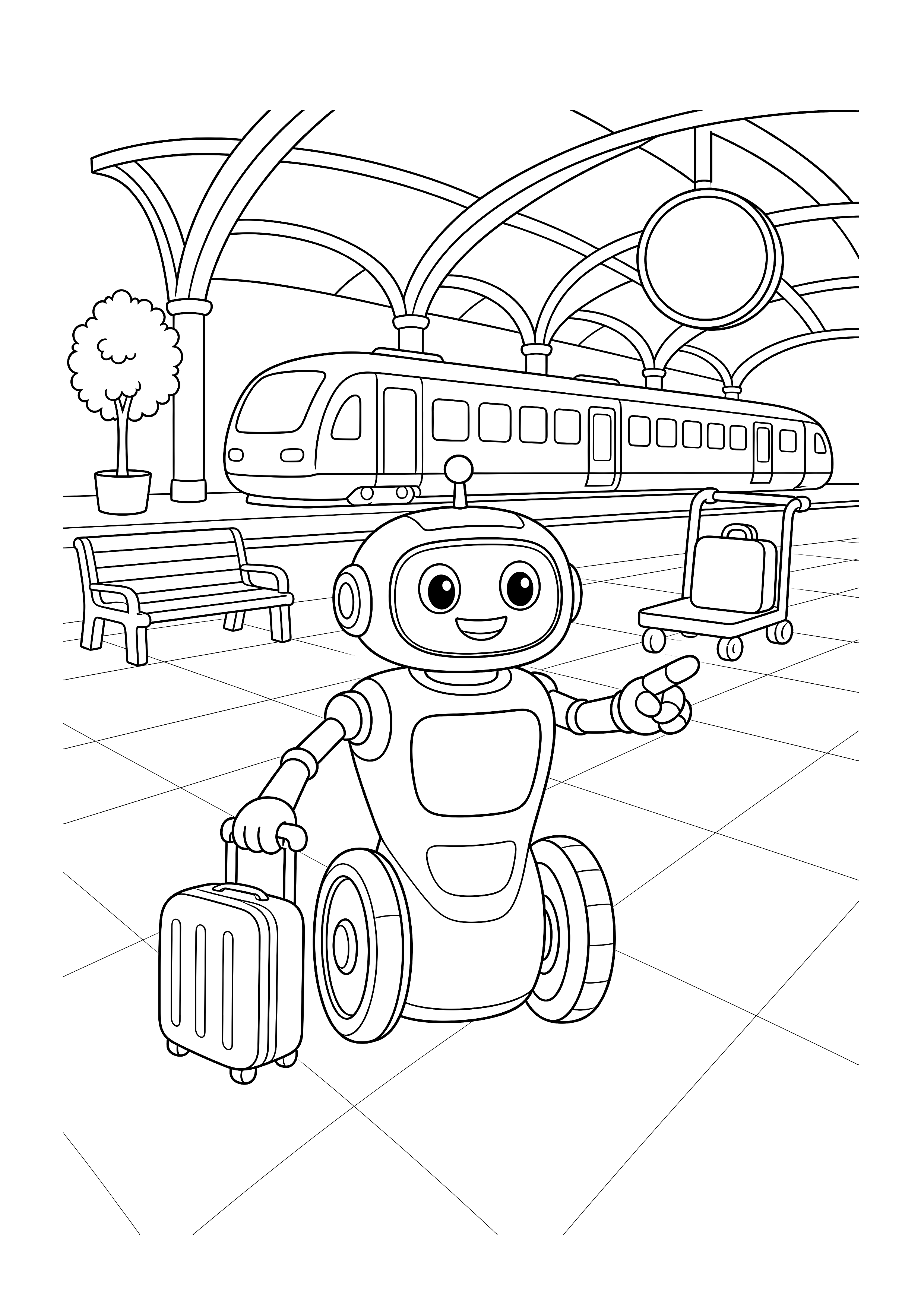 Reiseroboter am Bahnhof — Ein hilfsbereiter Roboter begleitet einen Koffer auf dem Bahnsteig, während ein Zug wartet.
