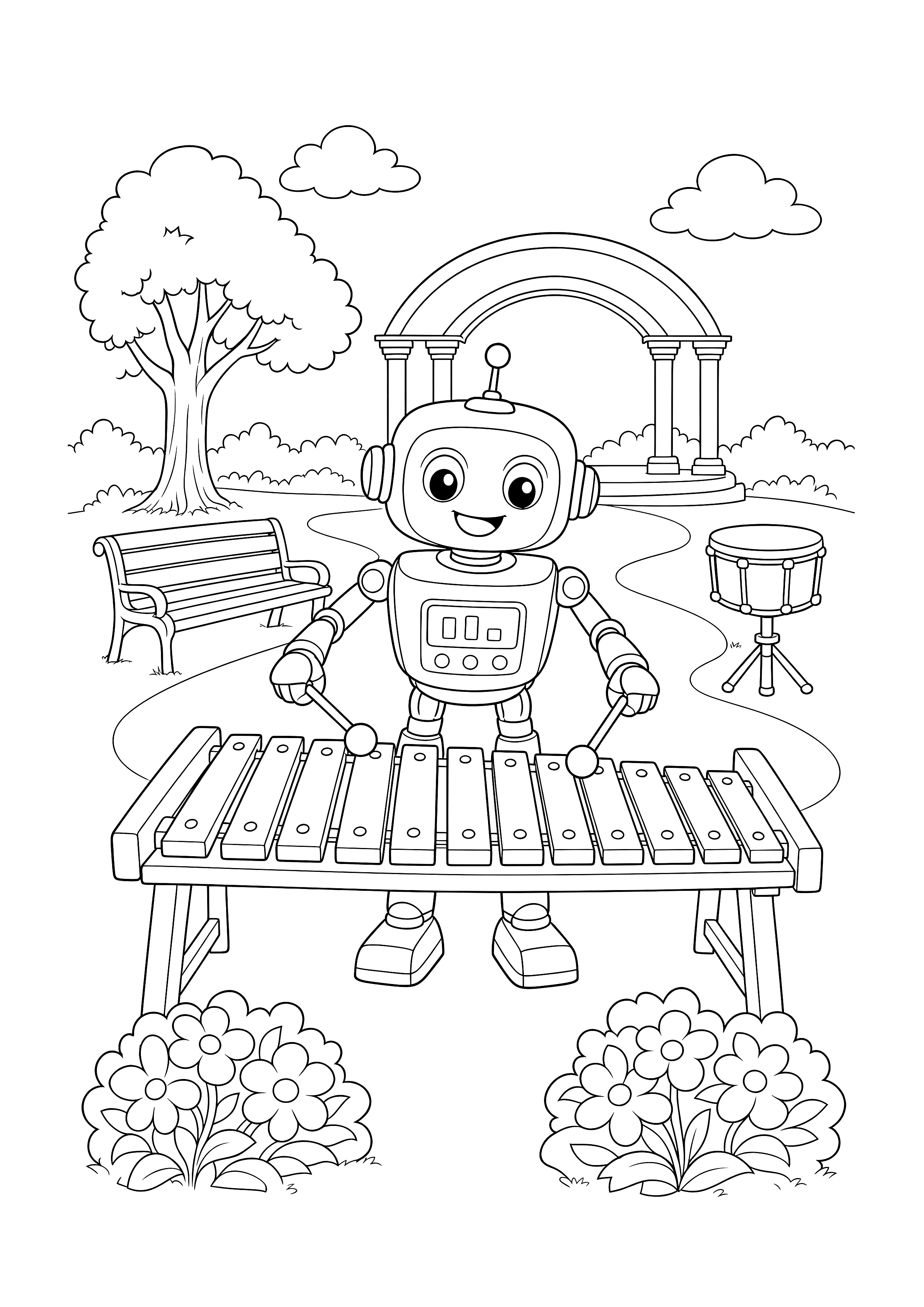 Musikroboter am Xylofon — Ein Musikroboter spielt mit zwei Schlägeln auf einem großen Xylofon im Park.