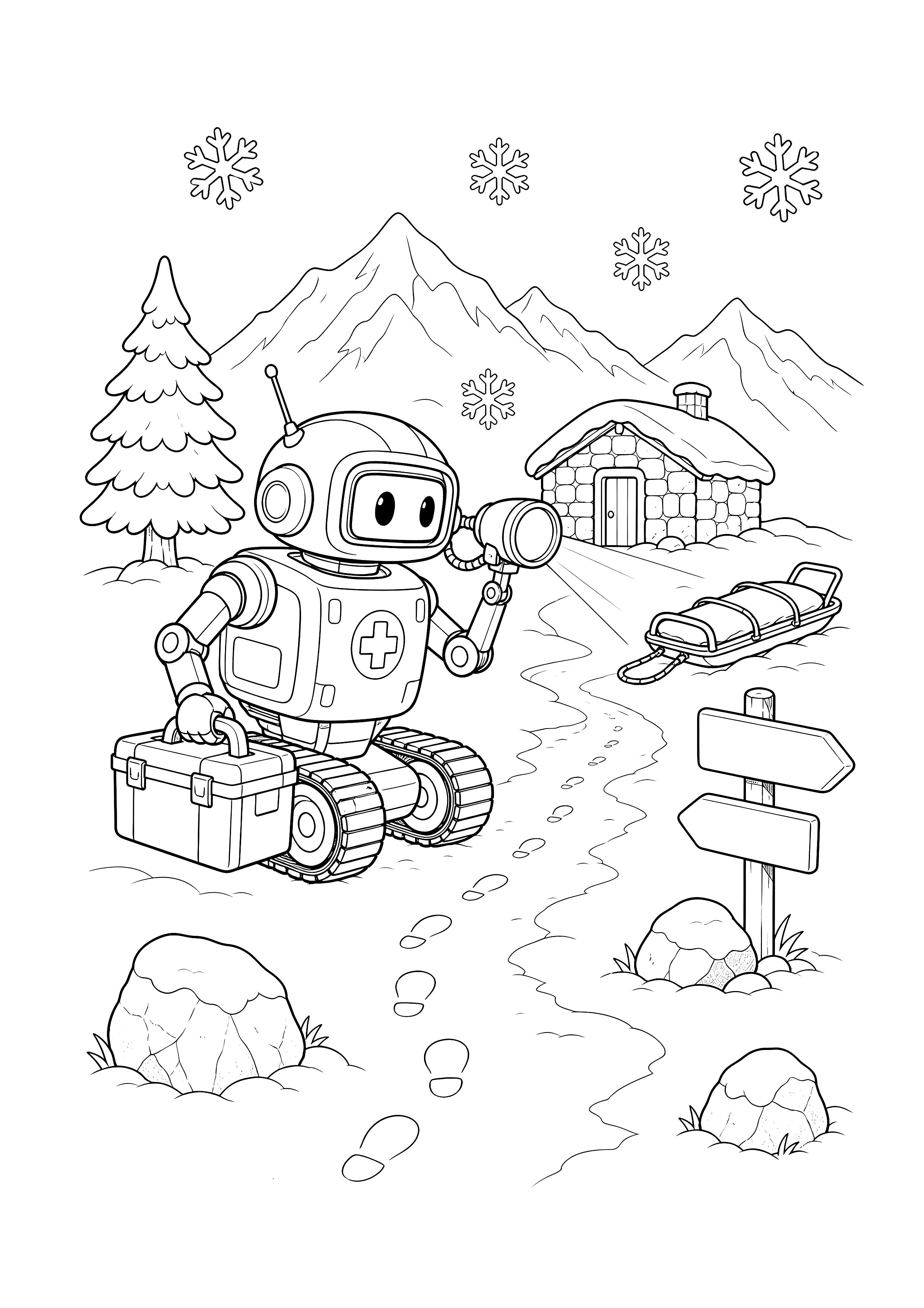 Rettungsroboter in den Bergen — Ein Rettungsroboter folgt Fußspuren durch den Schnee zu einer Berghütte und einem Schlitten.