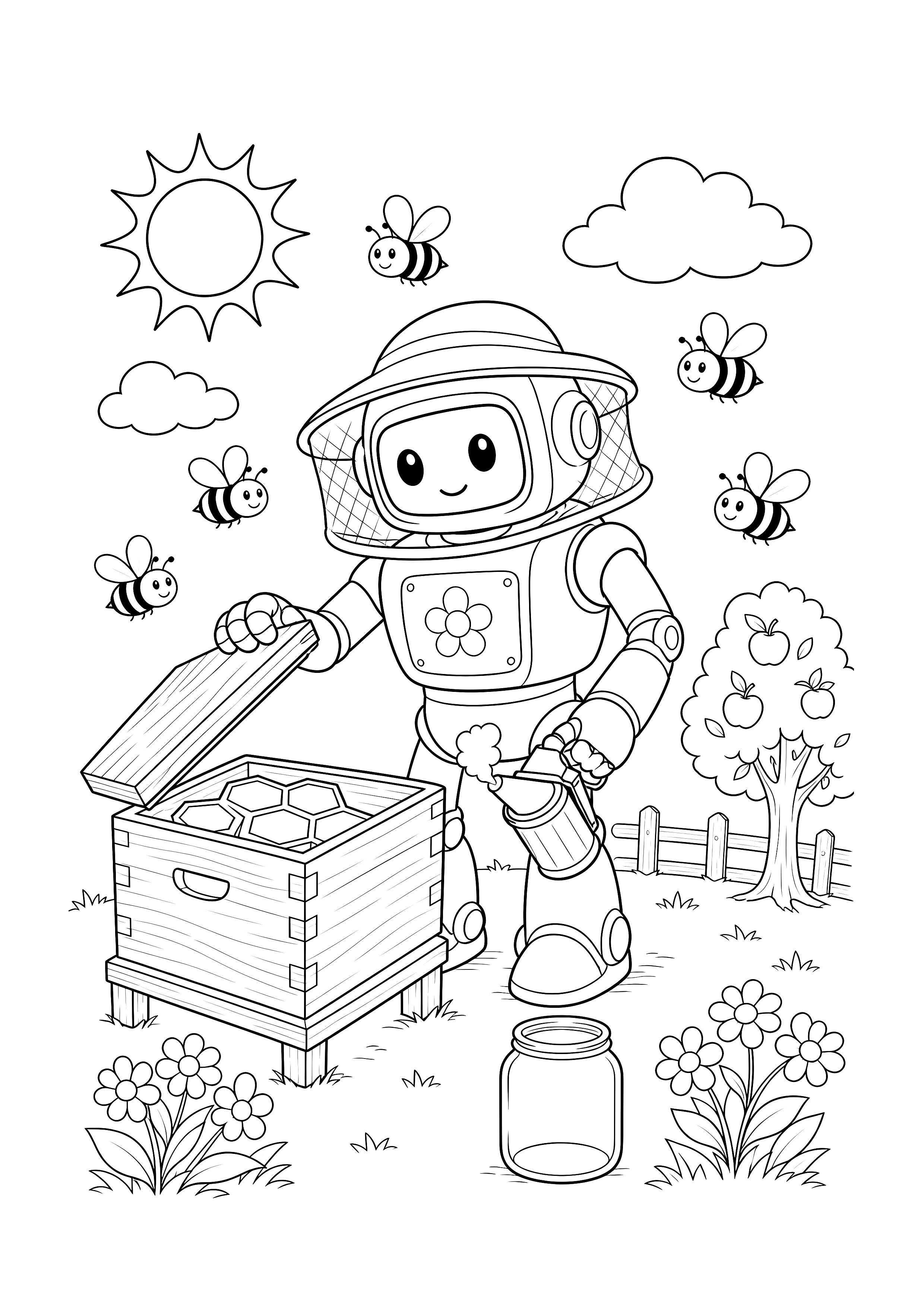 Imkerroboter am Bienenstock — Ein geschützter Imkerroboter prüft eine Wabe neben Bienenstock, Blumen und Obstbaum.