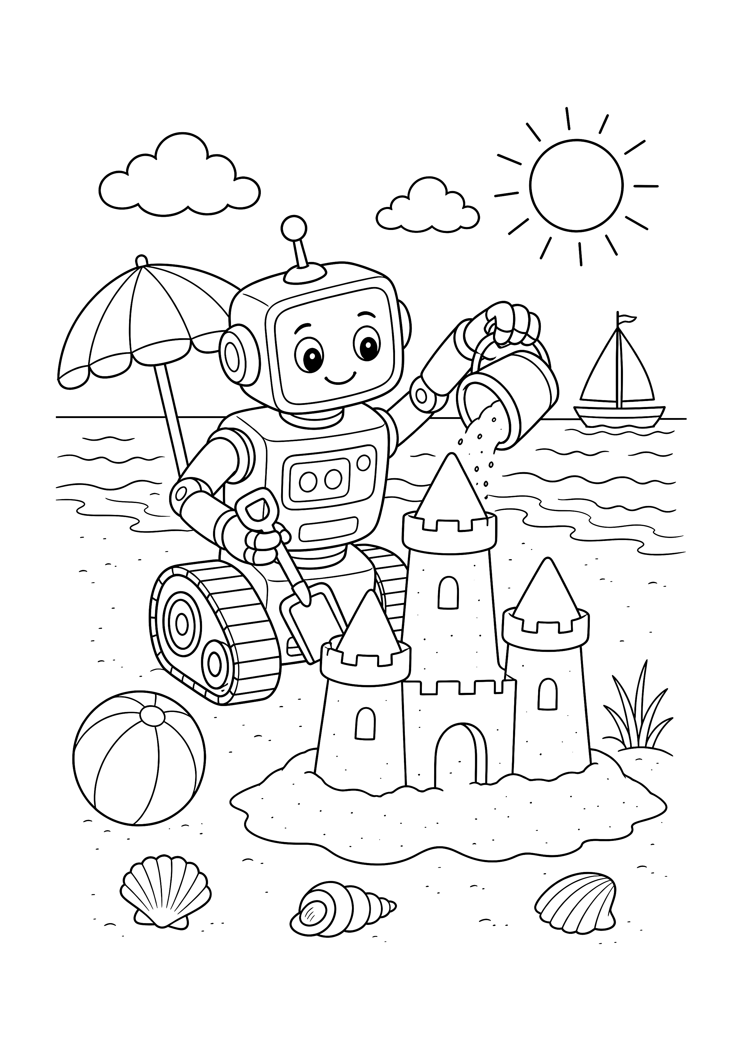 Strandroboter baut eine Sandburg — Ein fröhlicher Roboter formt mit Schaufel und Eimer eine Sandburg zwischen Ball, Muscheln und Sonnenschirm.