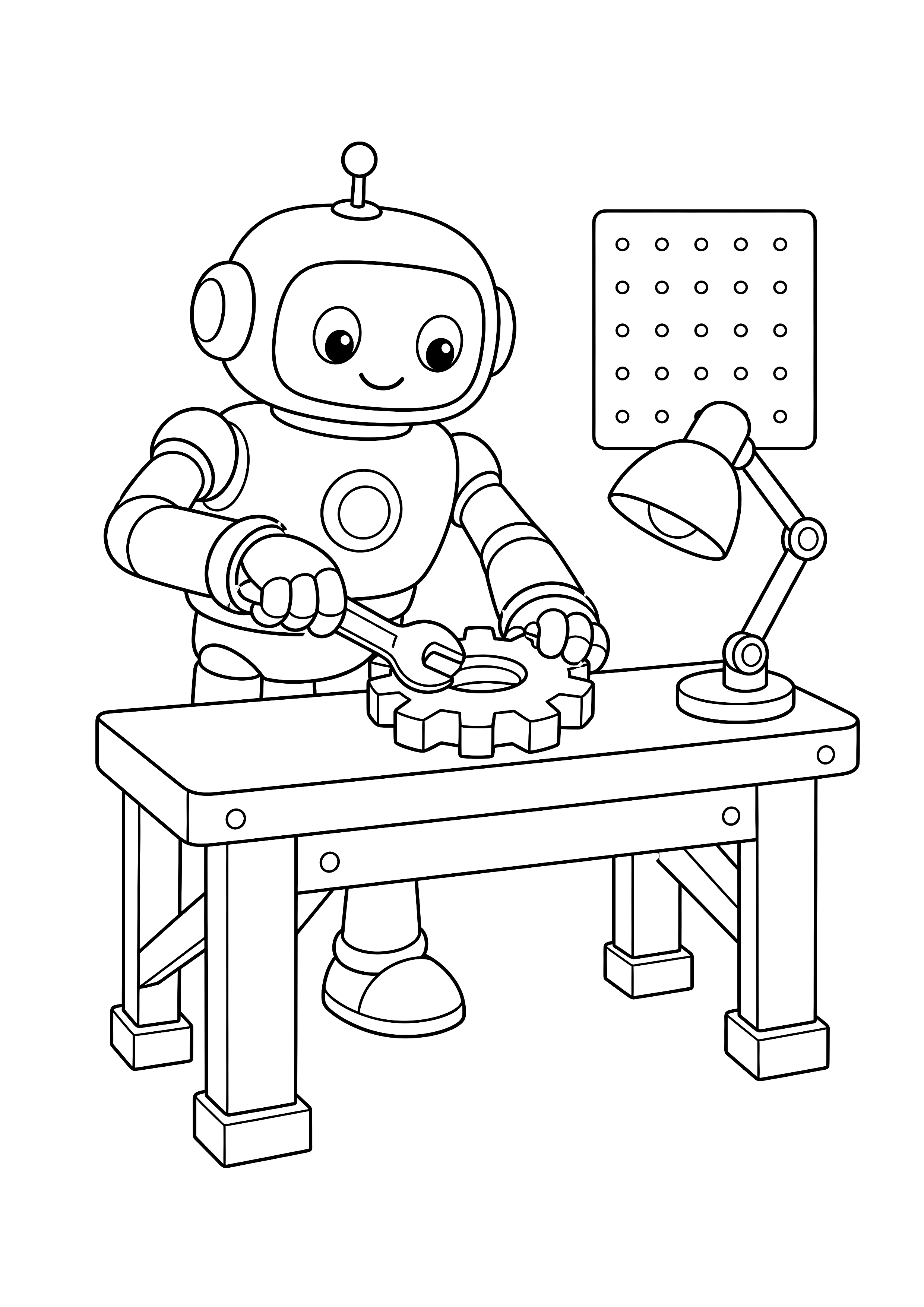 Roboter in der Erfinderwerkstatt — Ein freundlicher Werkstattroboter zieht an seiner Werkbank ein großes Zahnrad fest.