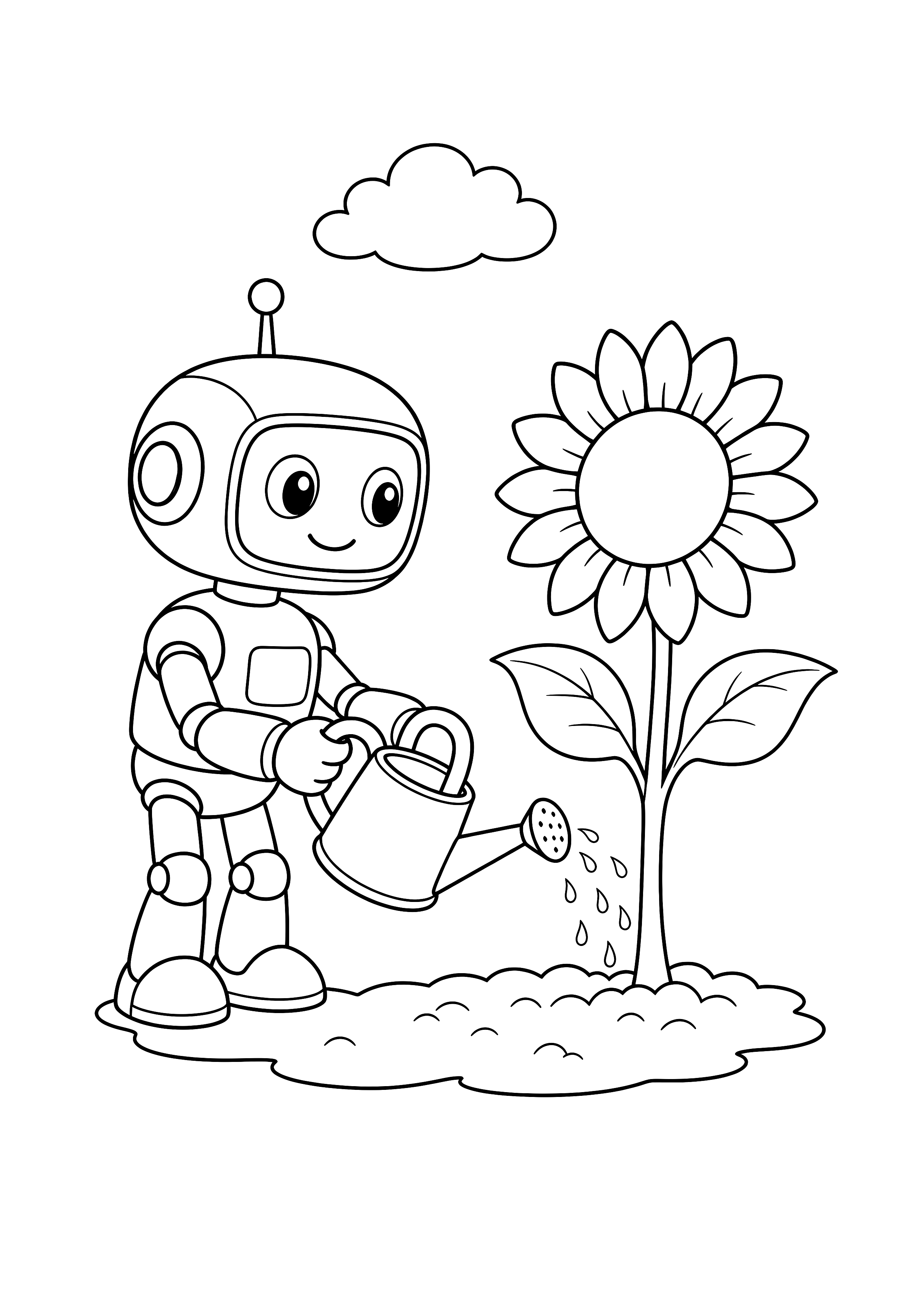 Gartenroboter gießt eine Sonnenblume — Ein kompakter Gartenroboter gießt eine große Sonnenblume mit viel Platz zum Ausmalen.