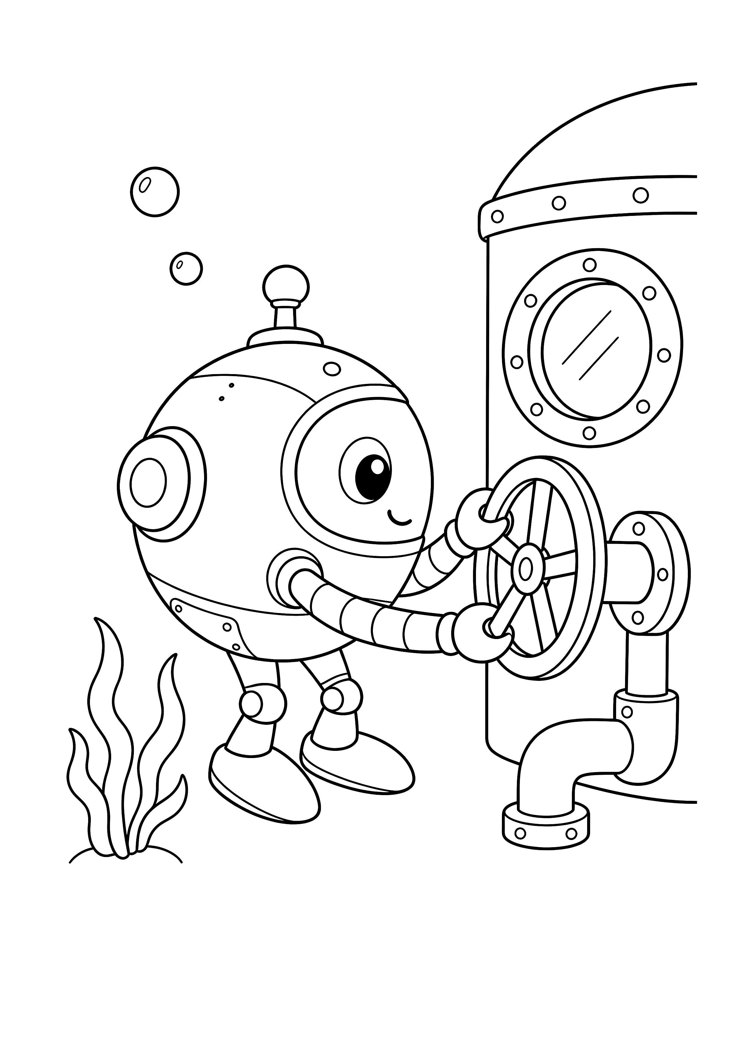 Unterwasserroboter am Ventil — Ein runder Wartungsroboter dreht an einem Ventil der Unterwasserstation.