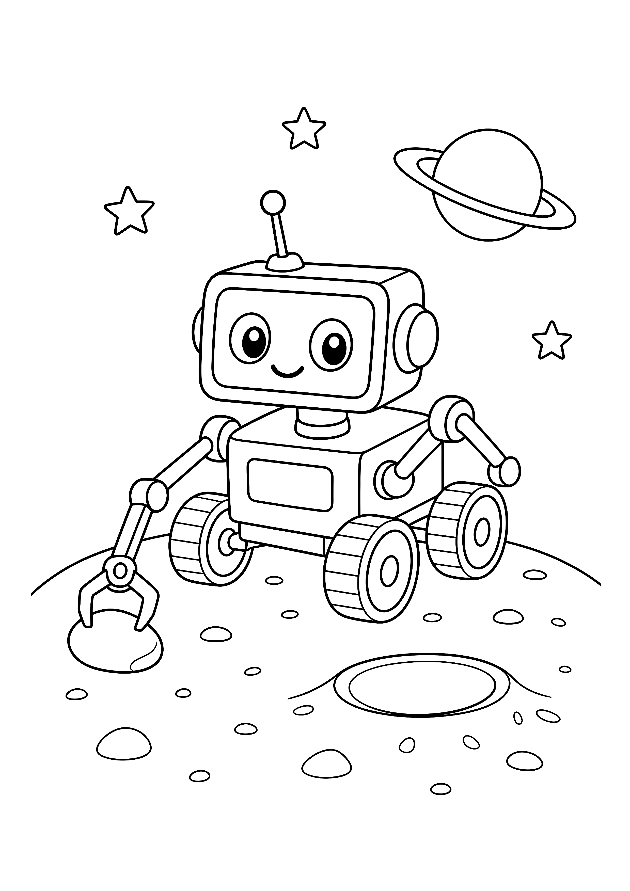 Mondrover sammelt einen Stein — Ein freundlicher Rover sammelt auf dem Mond einen Stein mit seinem Greifarm.