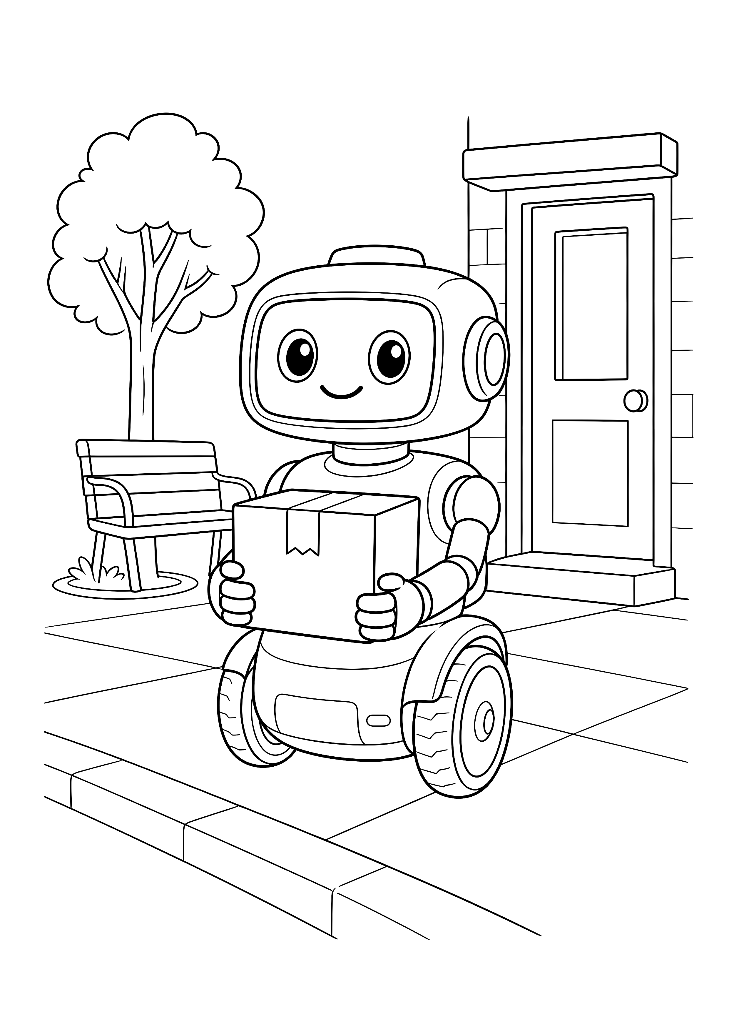 Lieferroboter in der Stadt — Ein freundlicher Lieferroboter bringt ein Paket über einen ruhigen Gehweg.