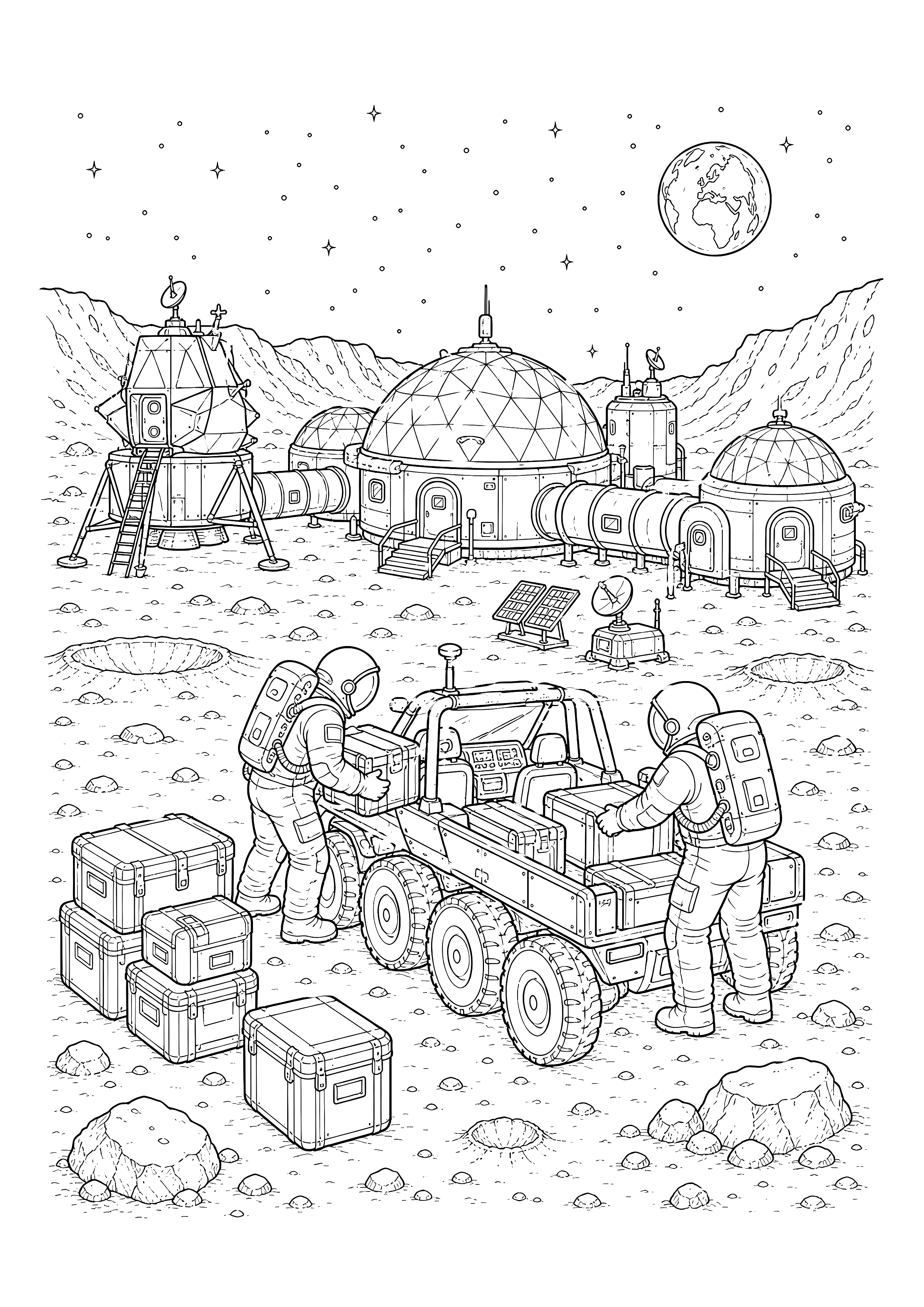 Versorgungstag in der Mondbasis — Astronauten, Rover, Kisten, Kuppelstationen und Landefähre bilden eine lebendige Mondbasis.