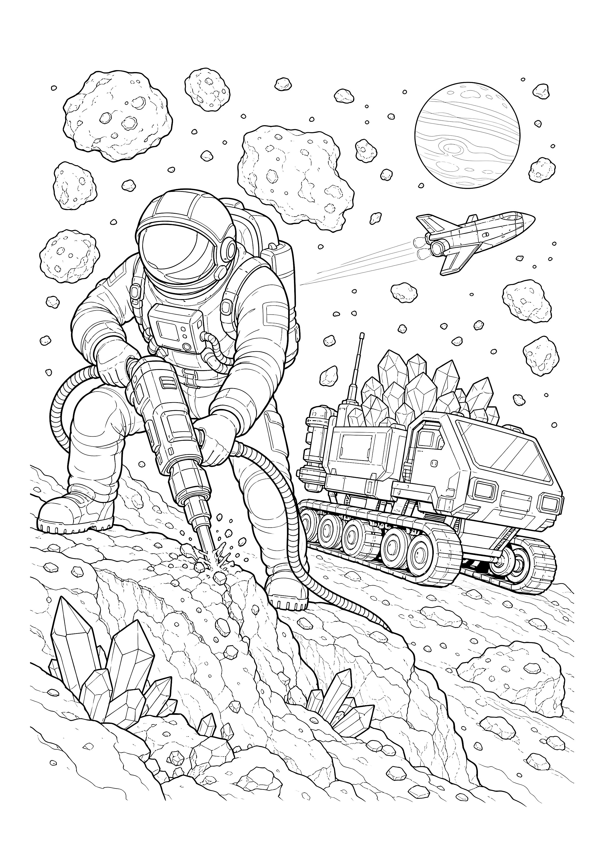 Bergbau auf einem Asteroiden — Ein Astronaut bohrt nach Kristallen, während ein großer Rover die Funde transportiert.