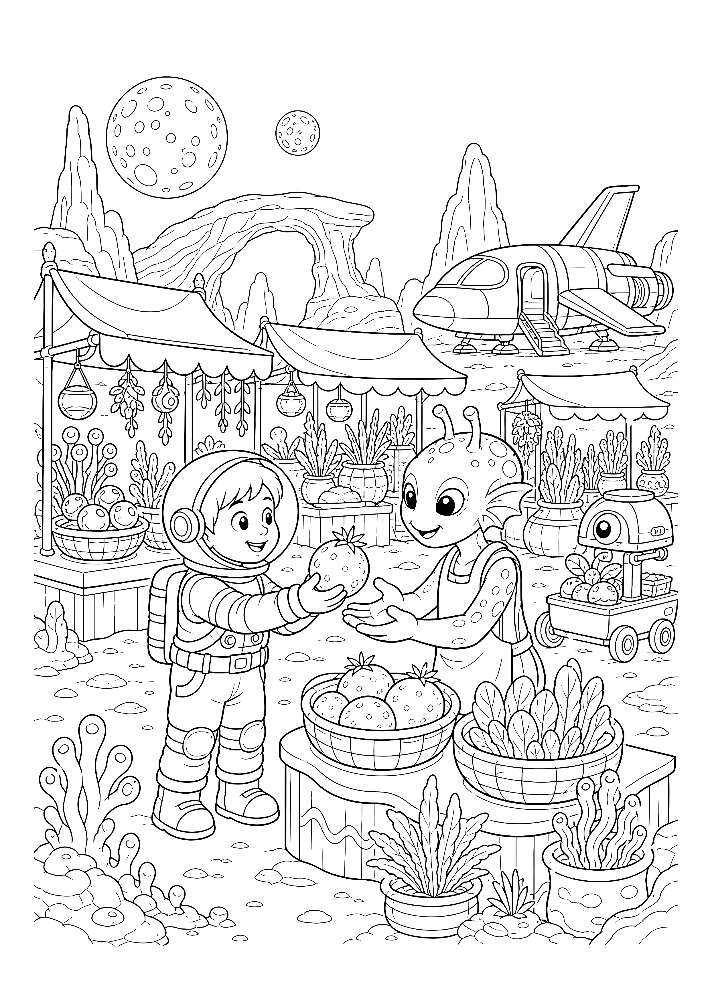 Markttag auf dem Alienplaneten — Astronaut und Alien tauschen eine Frucht zwischen Pflanzenständen, Roboterwagen und Felsbögen.