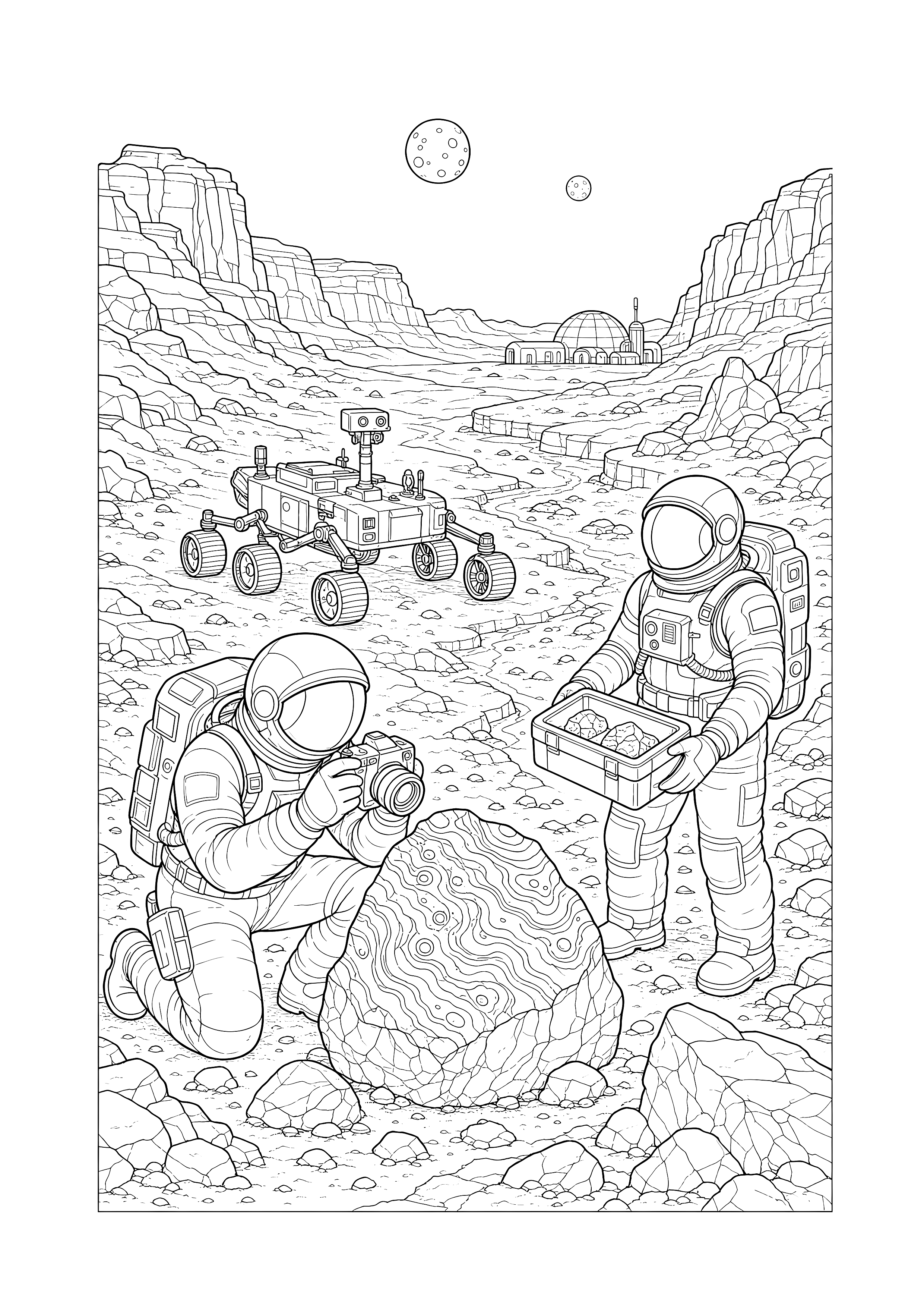 Forschung im Marscanyon — Zwei Astronauten dokumentieren Gestein, während ein Rover durch den Canyon fährt.