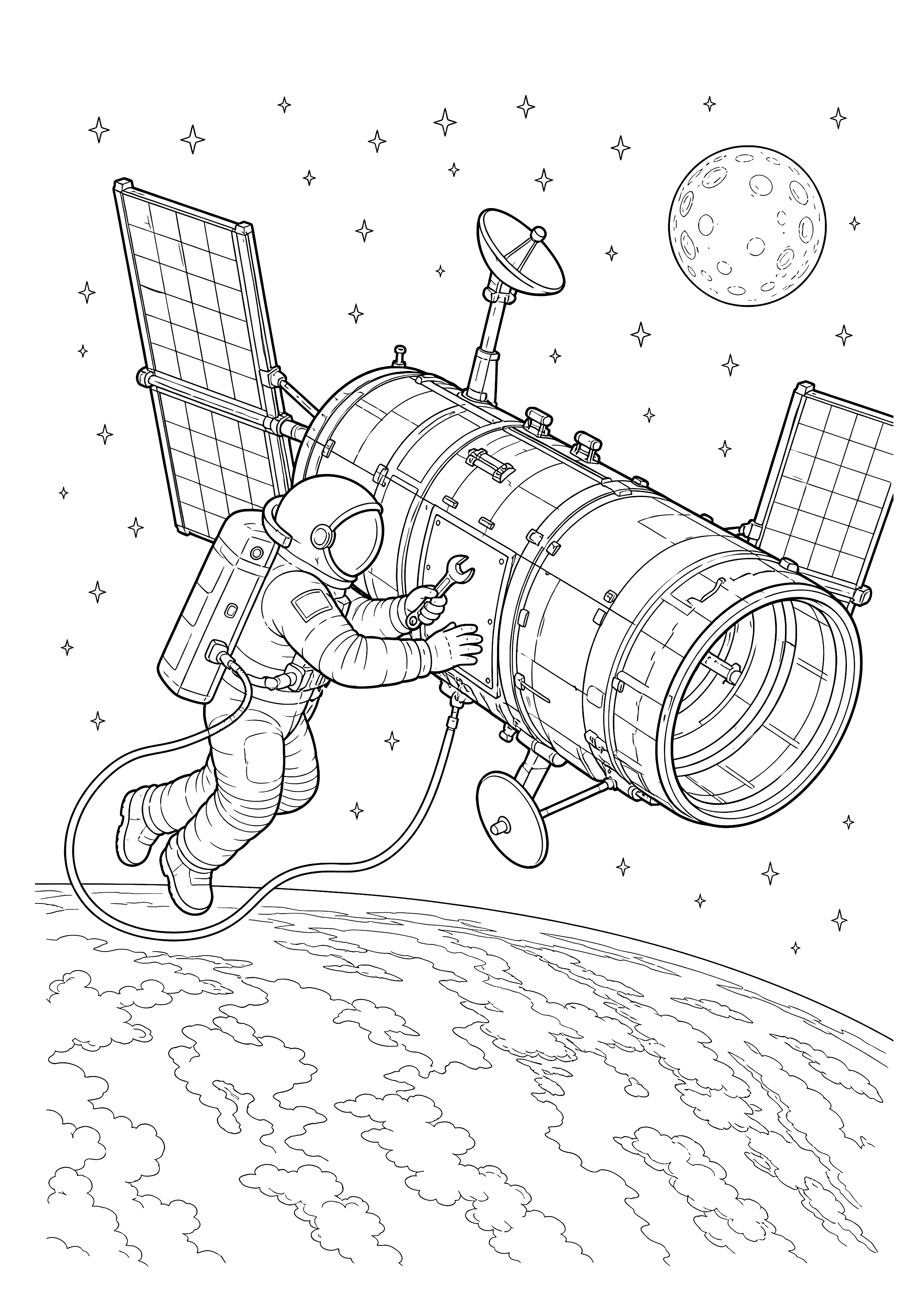 Weltraumteleskop in Reparatur — Ein Astronaut arbeitet an einem großen Teleskop über Wolken und Erdkrümmung.