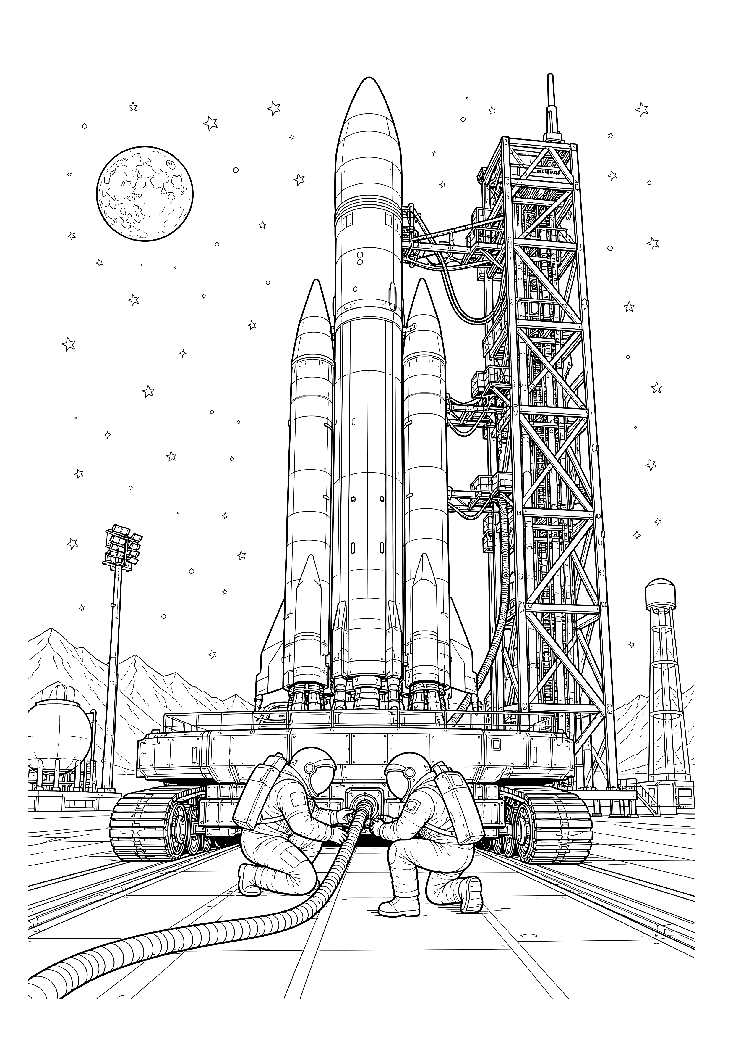 Letzte Prüfung vor dem Raketenstart — Zwei Techniker prüfen Leitungen vor einer riesigen Rakete und ihrem Startturm.