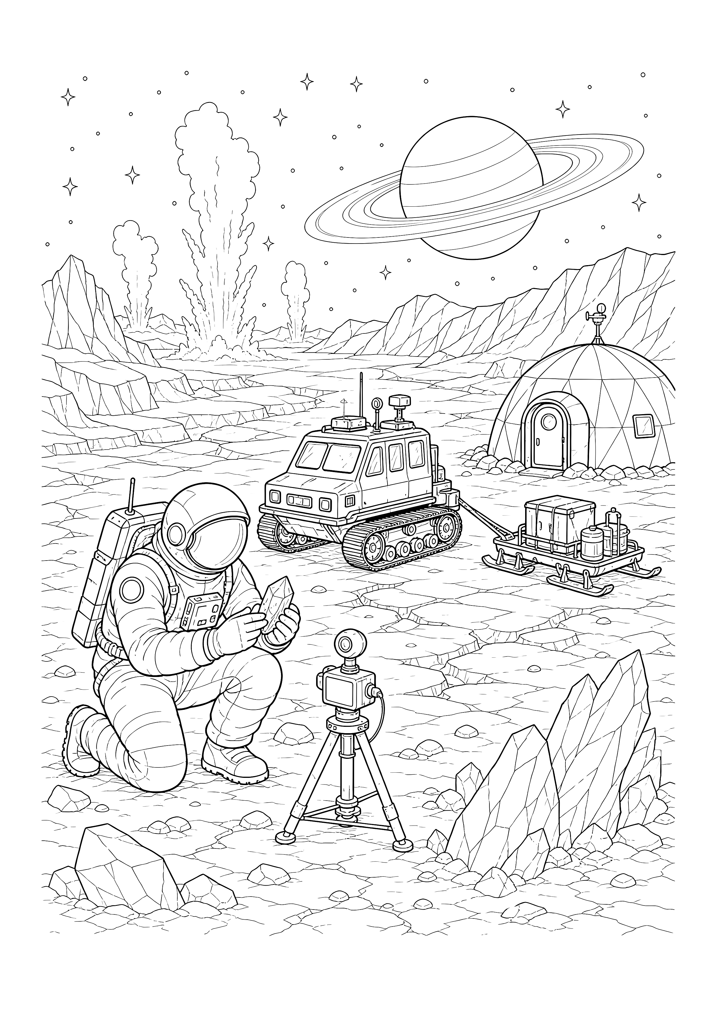Forschung auf dem Saturnmond — Ein Astronaut untersucht Eis neben Kettenrover, Forschungsschlitten und Kuppelzelt.