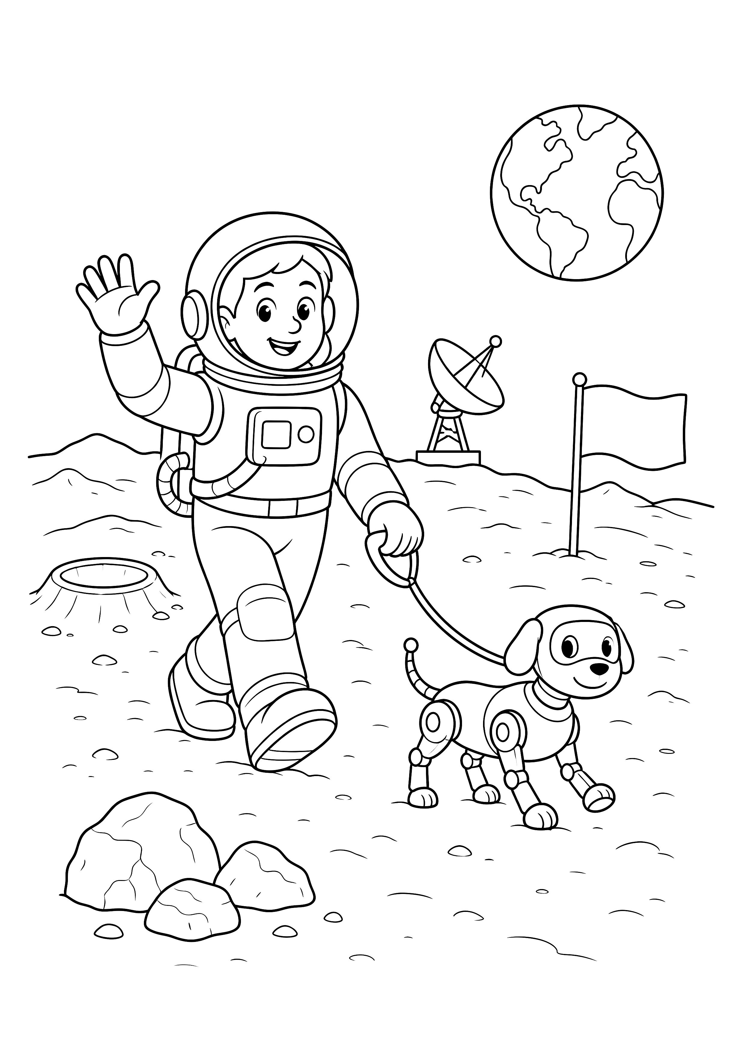 Spaziergang mit dem Roboterhund — Eine Astronautin führt einen Roboterhund zwischen Mondkratern, Antenne und Flagge spazieren.