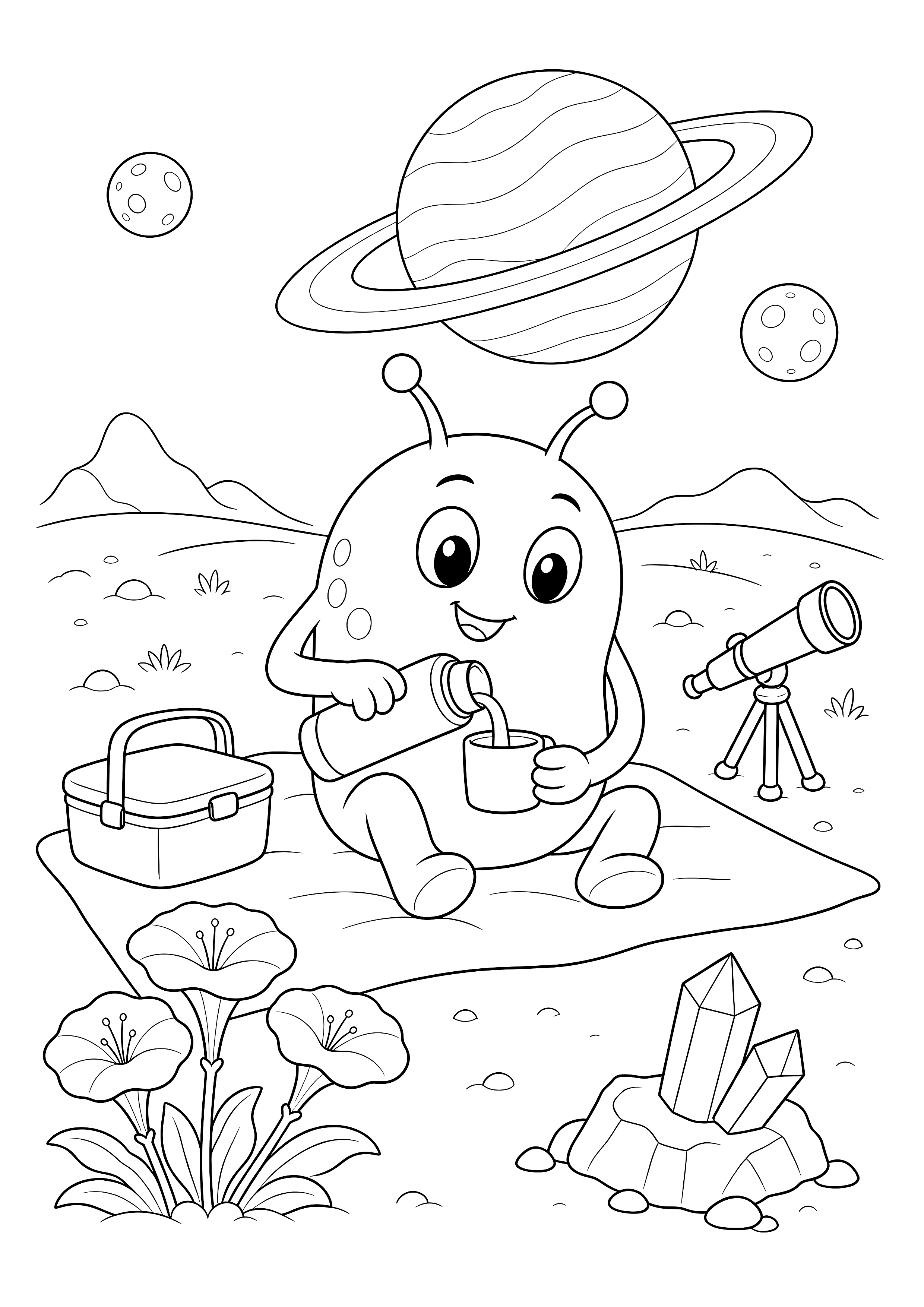 Picknick auf dem Ringplaneten — Ein freundliches Alien gießt bei einem Picknick ein Getränk zwischen Blumen, Kristallen und Teleskop ein.