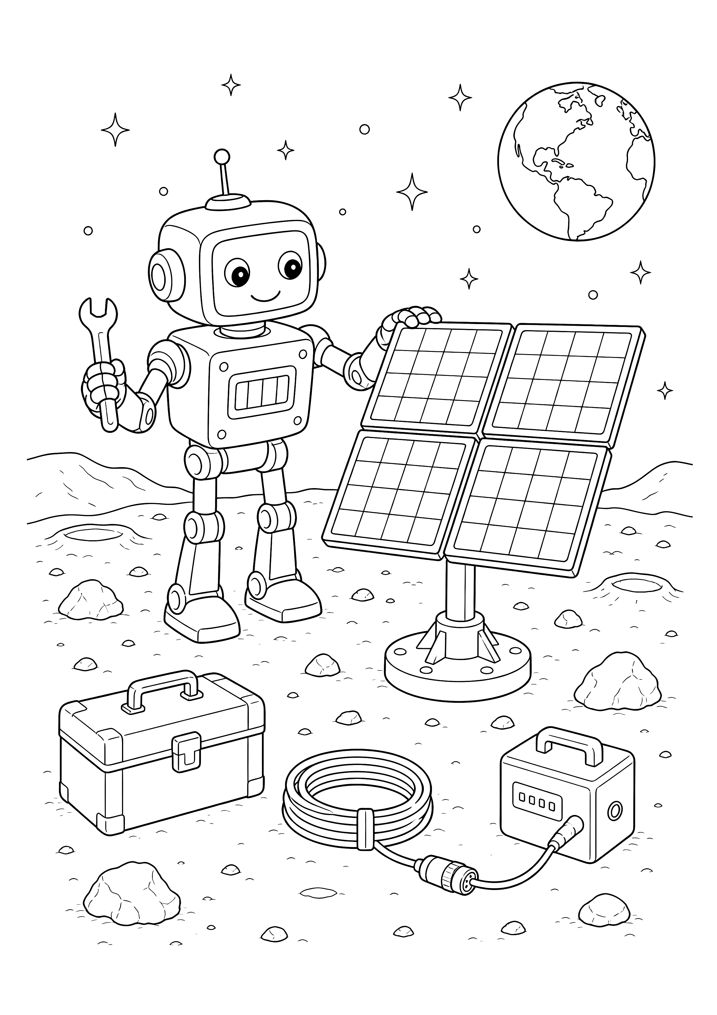 Roboter baut eine Solaranlage — Ein Bauroboter montiert vier Solarpaneele neben Werkzeugkiste, Kabel und Energiespeicher.