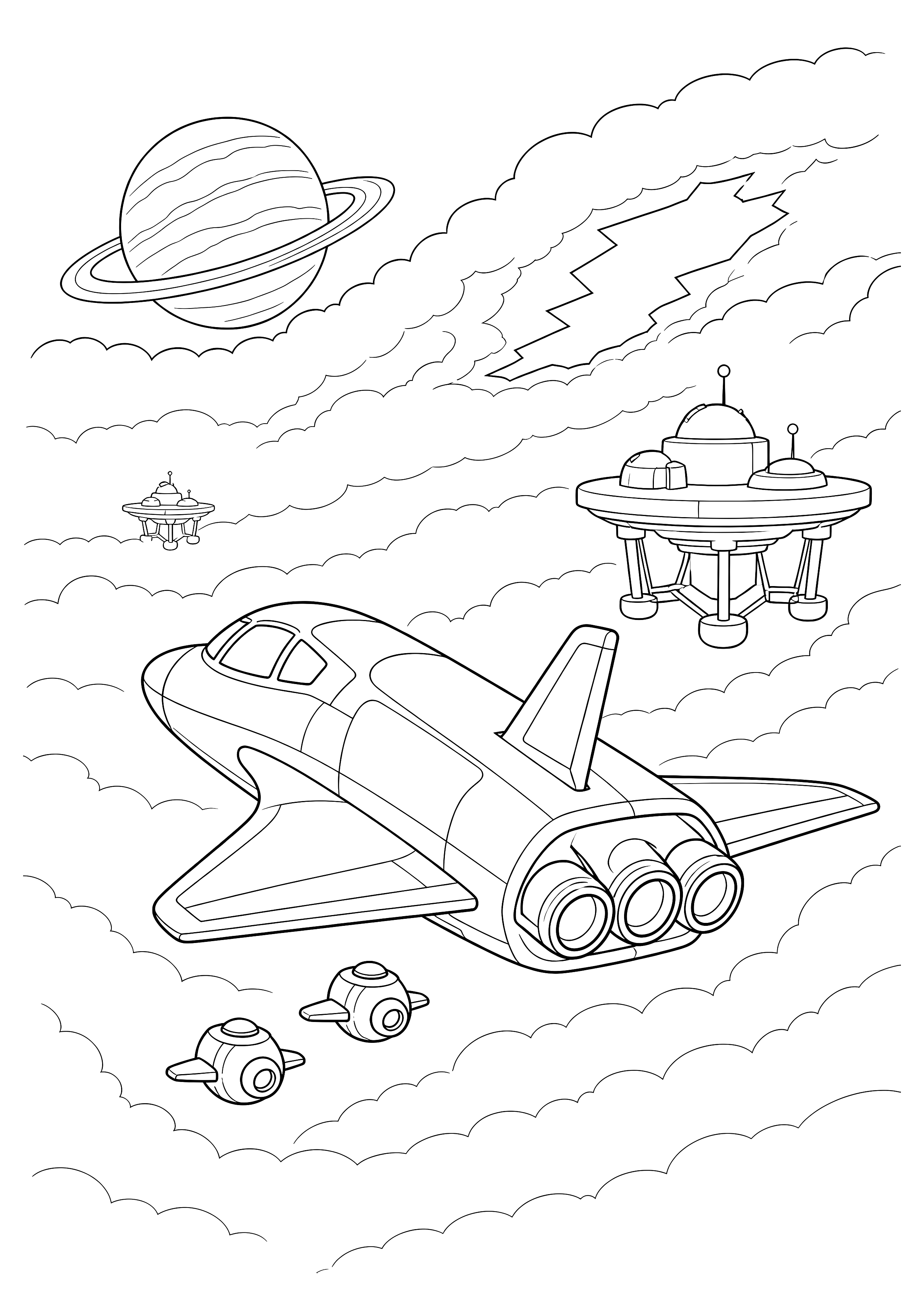 Shuttle über dem Wolkenplaneten — Ein Raumshuttle fliegt mit zwei kleinen Begleitdrohnen zwischen Wolkenplattformen und Ringplanet.