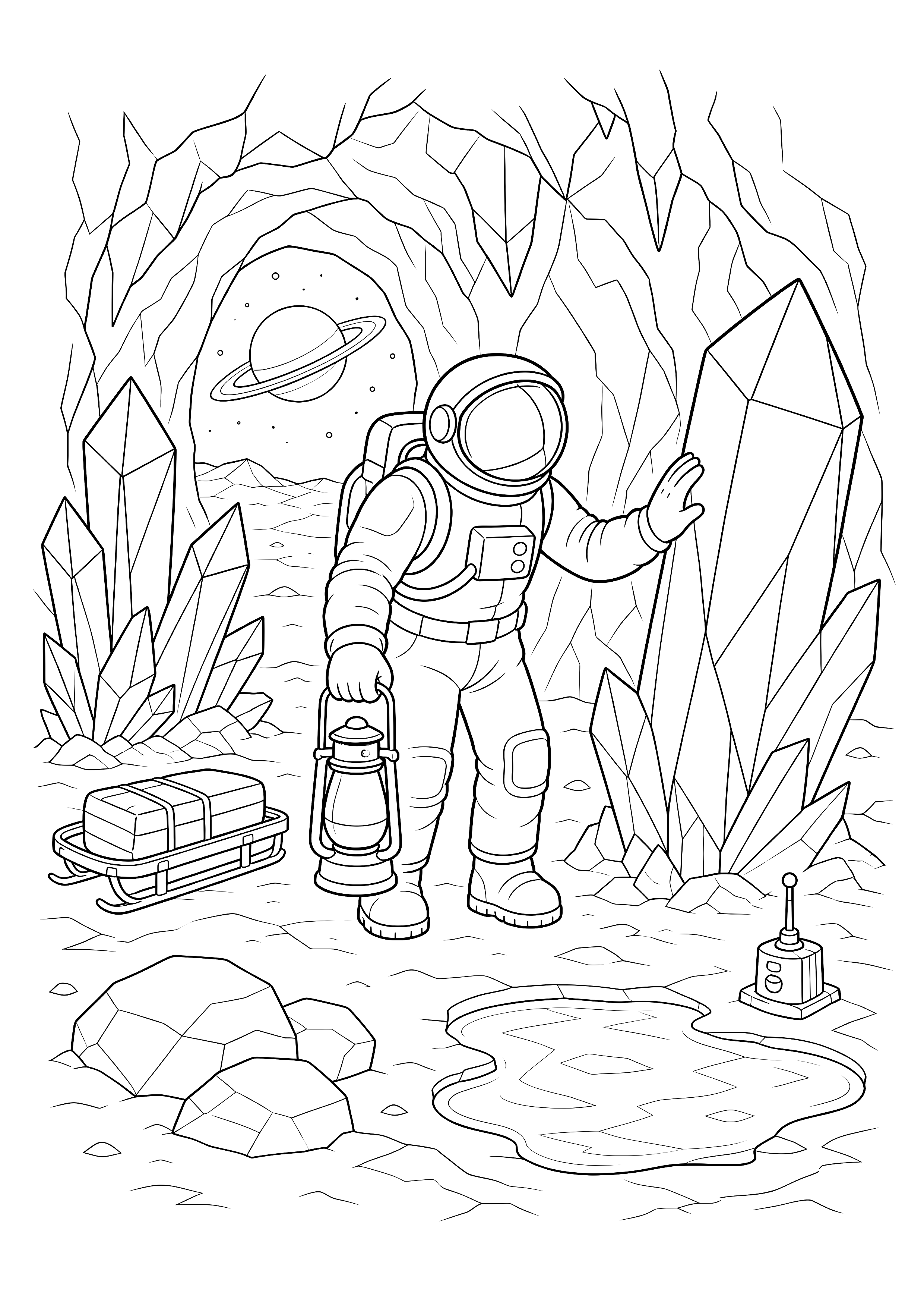 Entdeckung in der Kristallhöhle — Ein Astronaut untersucht große Kristalle zwischen Laterne, Forschungsschlitten und Messgerät.