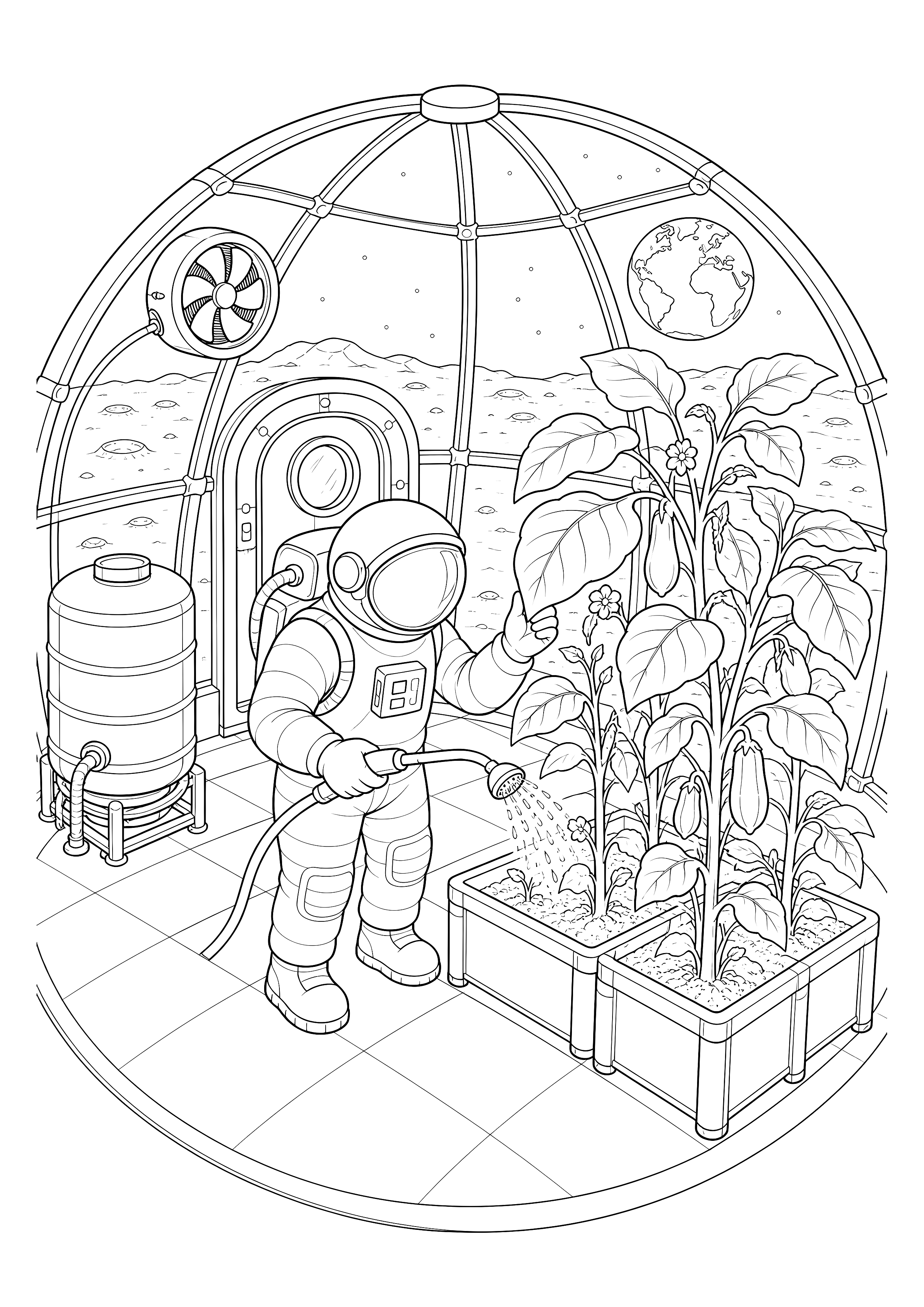 Gartenarbeit in der Raumkuppel — Ein Astronaut gießt hohe Gemüsepflanzen in einer Kuppel mit Wassertank, Lüfter und Schleuse.