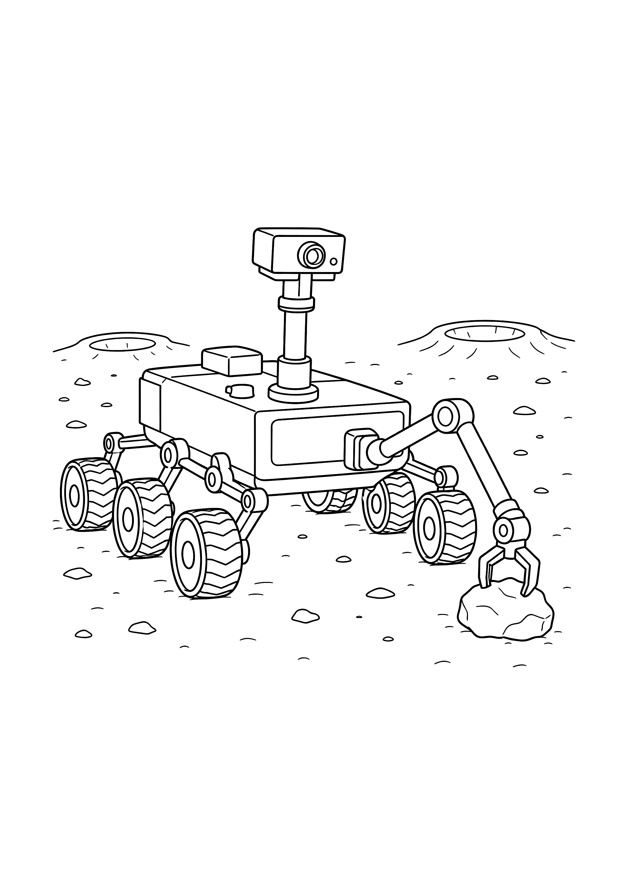 Marsrover sammelt einen Stein — Ein sechsrädriger Rover hebt mit seinem Greifarm einen Marsstein auf.