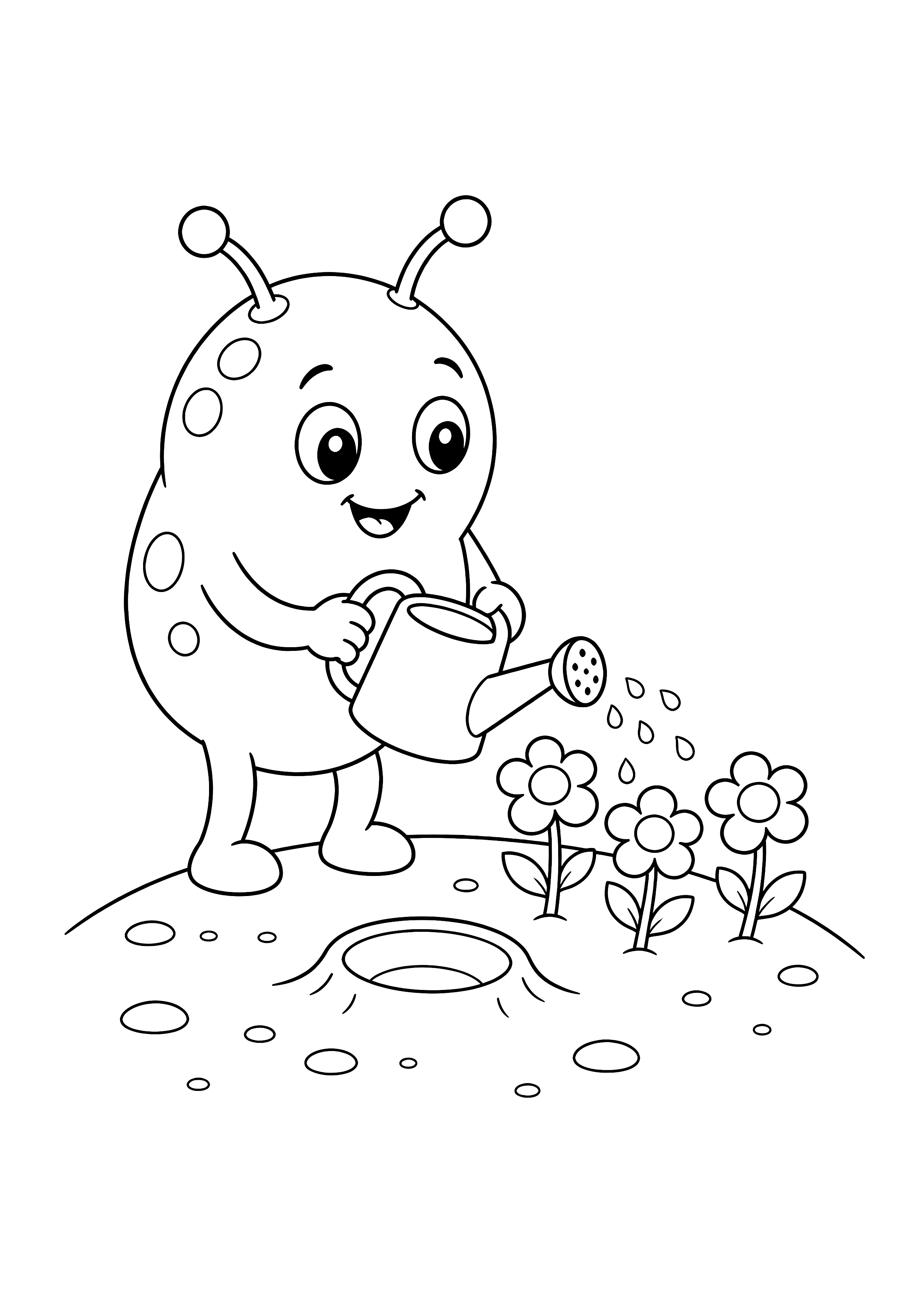 Alien gießt Mondblumen — Ein freundliches Alien gießt drei große Blumen in einem kleinen Mondgarten.
