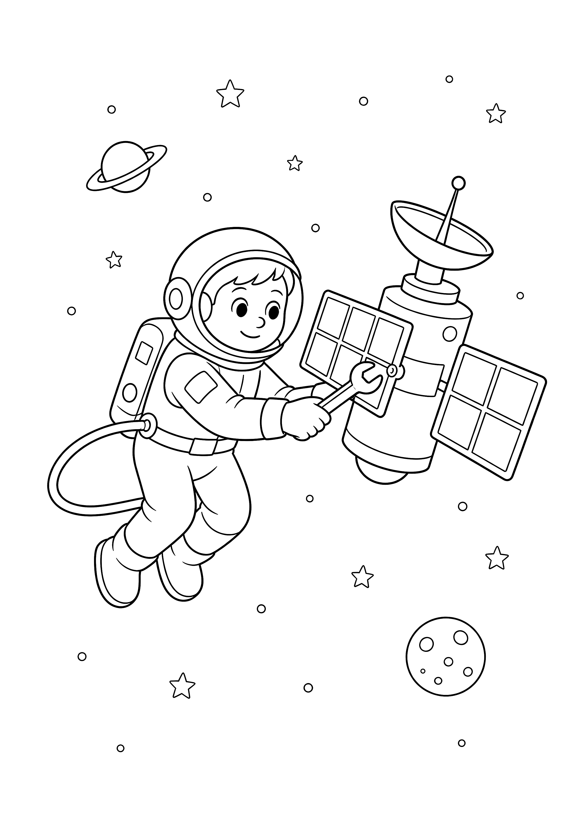 Satellit wird repariert — Ein Astronaut repariert mit einem Schraubenschlüssel einen Satelliten im All.