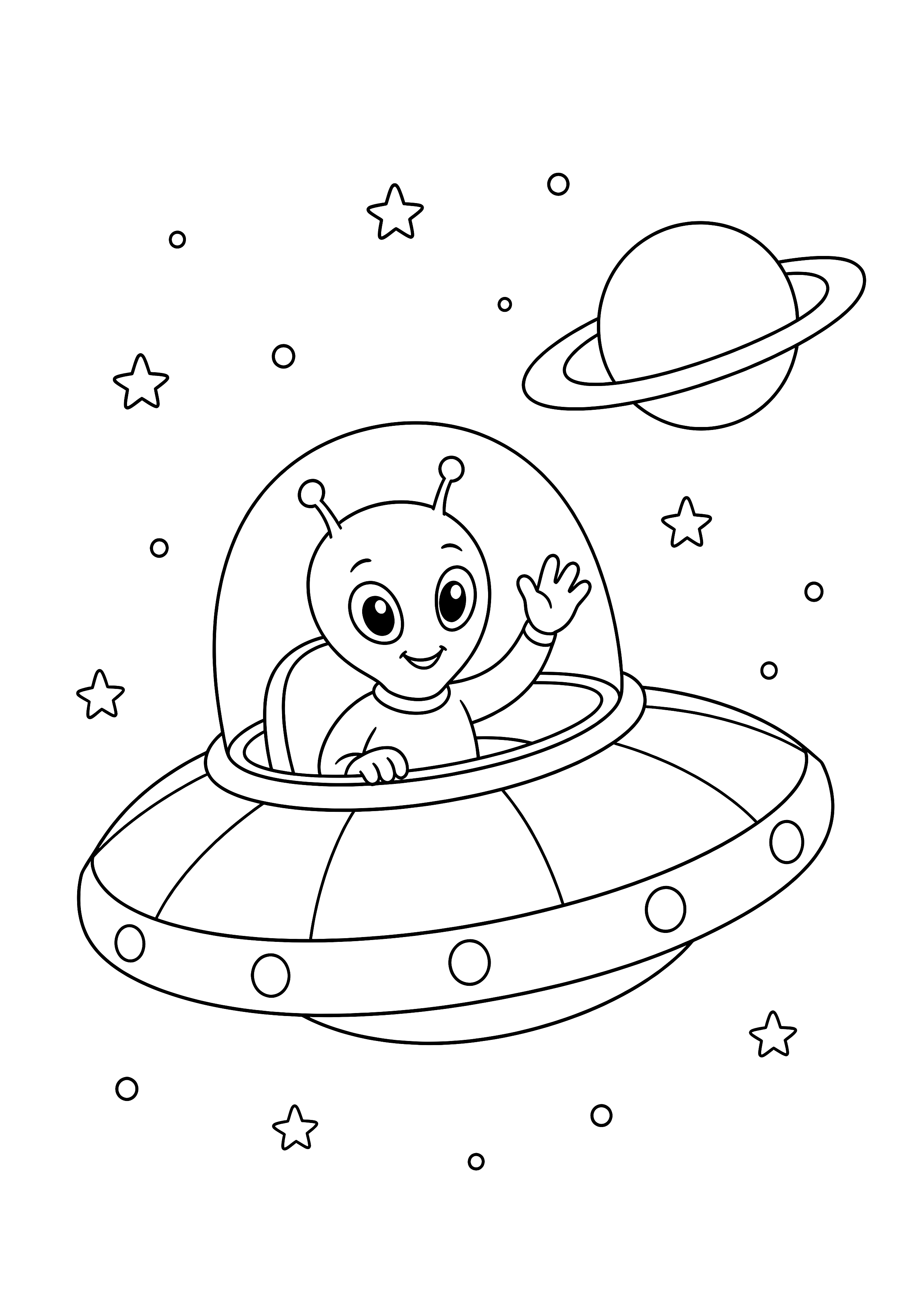 Alien fliegt am Ringplaneten vorbei — Ein Alien winkt aus einem kleinen Raumschiff vor einem Ringplaneten.