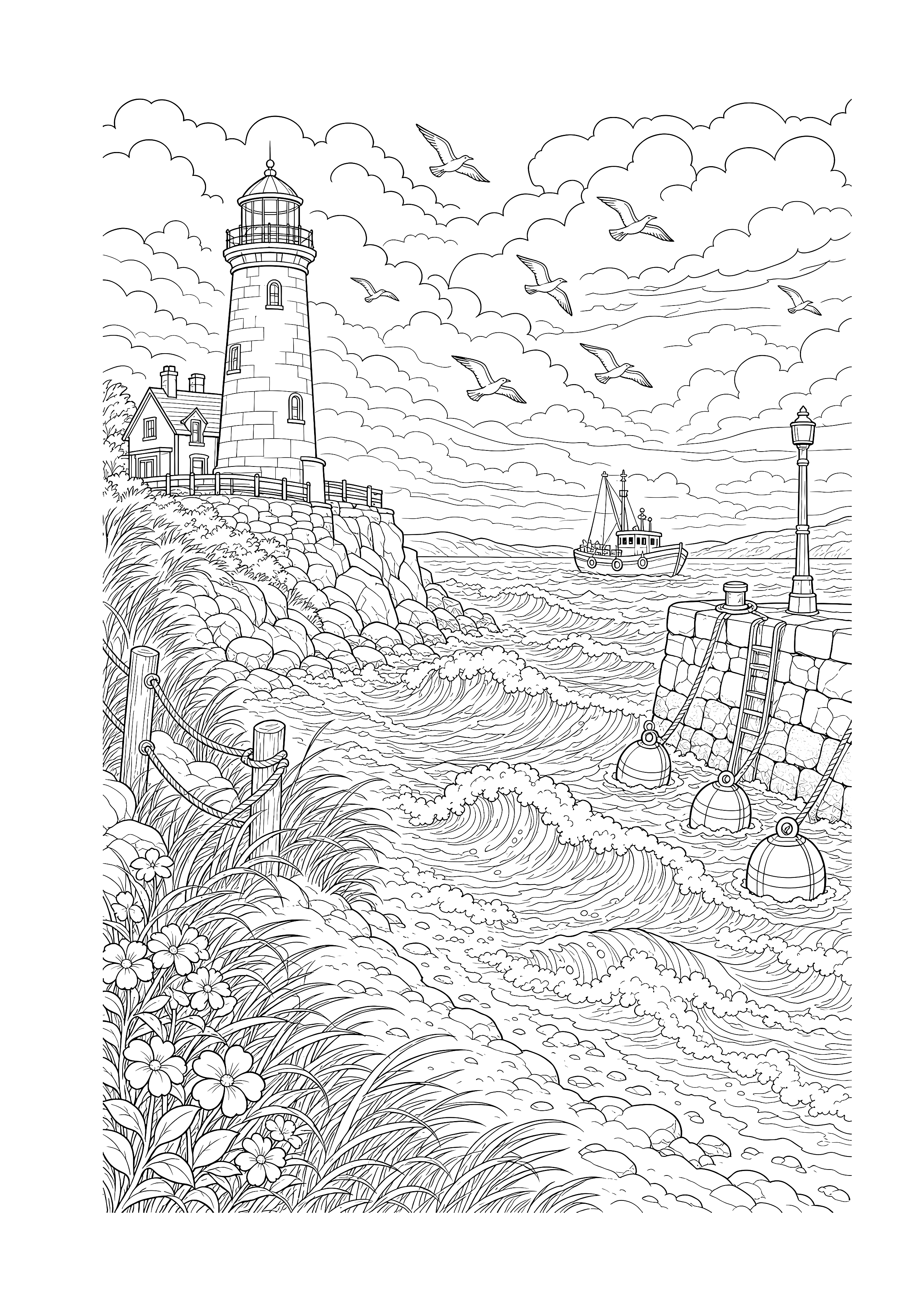 Küstensturm am Leuchtturm — Wind, Wellen und Wolken umgeben einen sicheren Leuchtturm an der Küste.