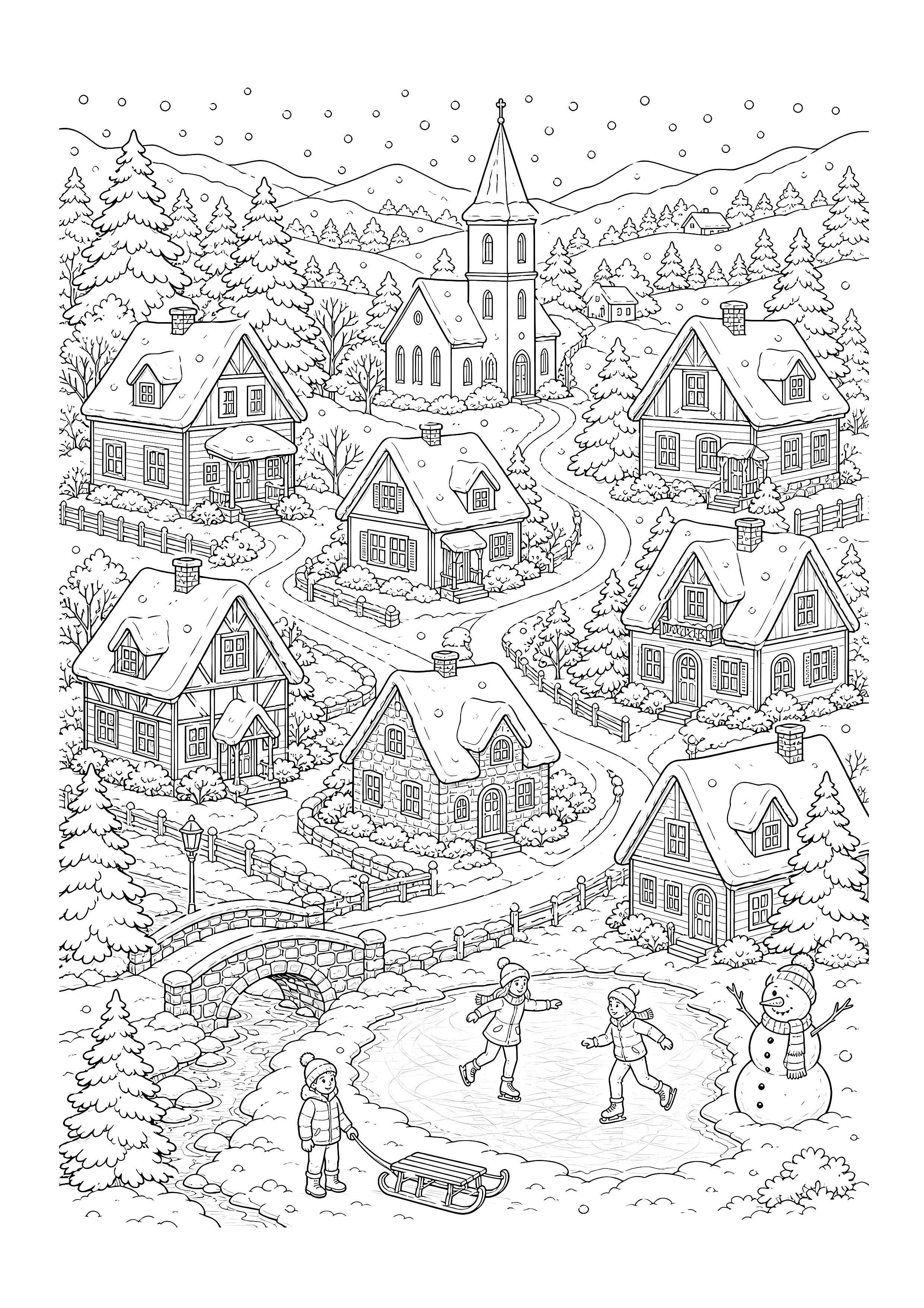 Verschneites Winterdorf — Häuser, Tannen, Schlittschuhe und Schlitten füllen ein ruhiges Winterdorf.