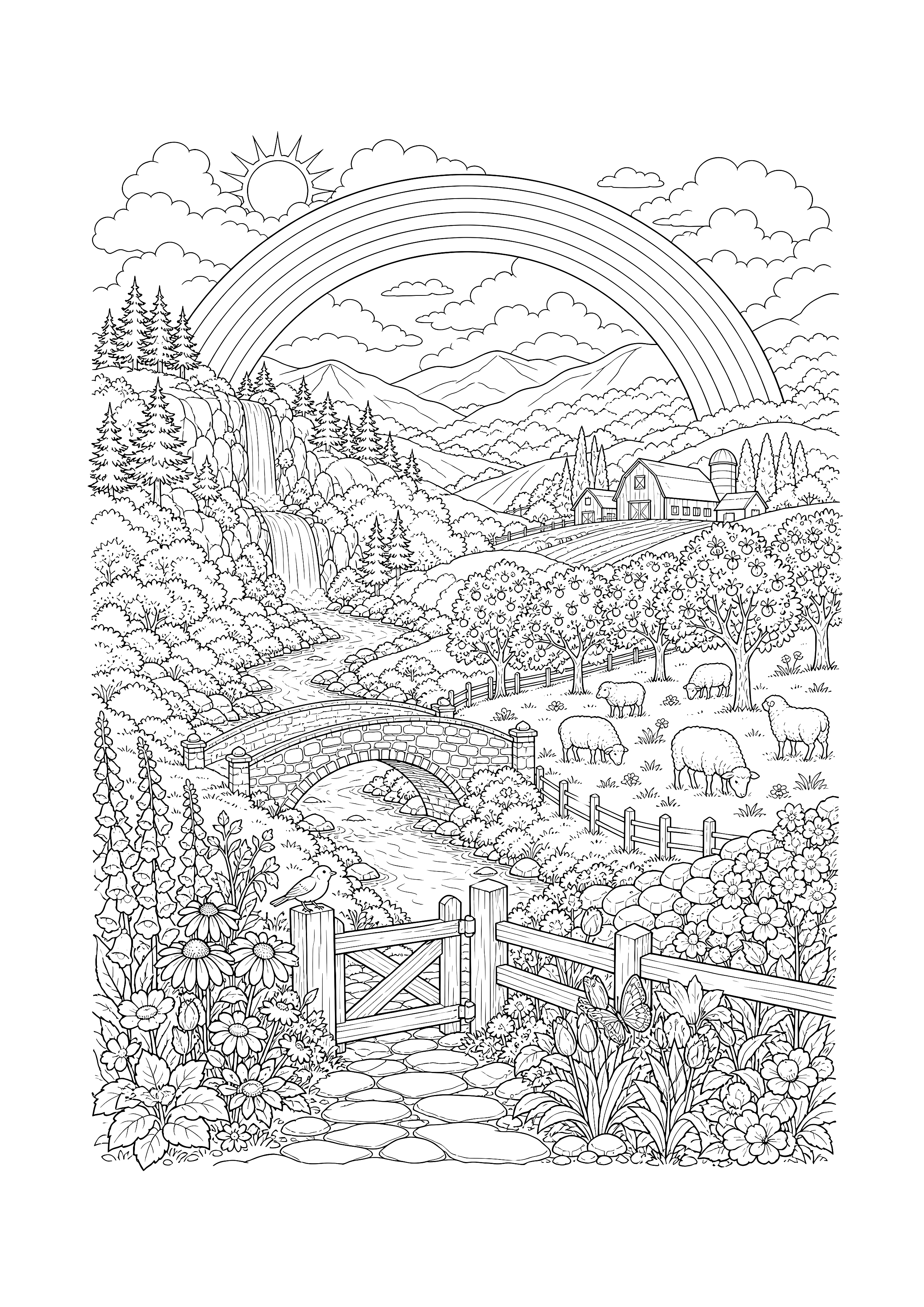 Große Regenbogenlandschaft — Ein Regenbogen überspannt Fluss, Wasserfall, Brücke, Wiesen und Obstgarten.